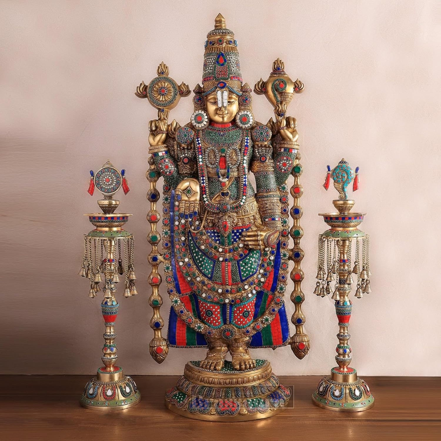 Brass Tirupati Balaji Meenakari Stonework Set | 48-Inch Venkateshwara Idol with Two 30-Inch Deepaks | Pure Brass Handcrafted Hindu Decor