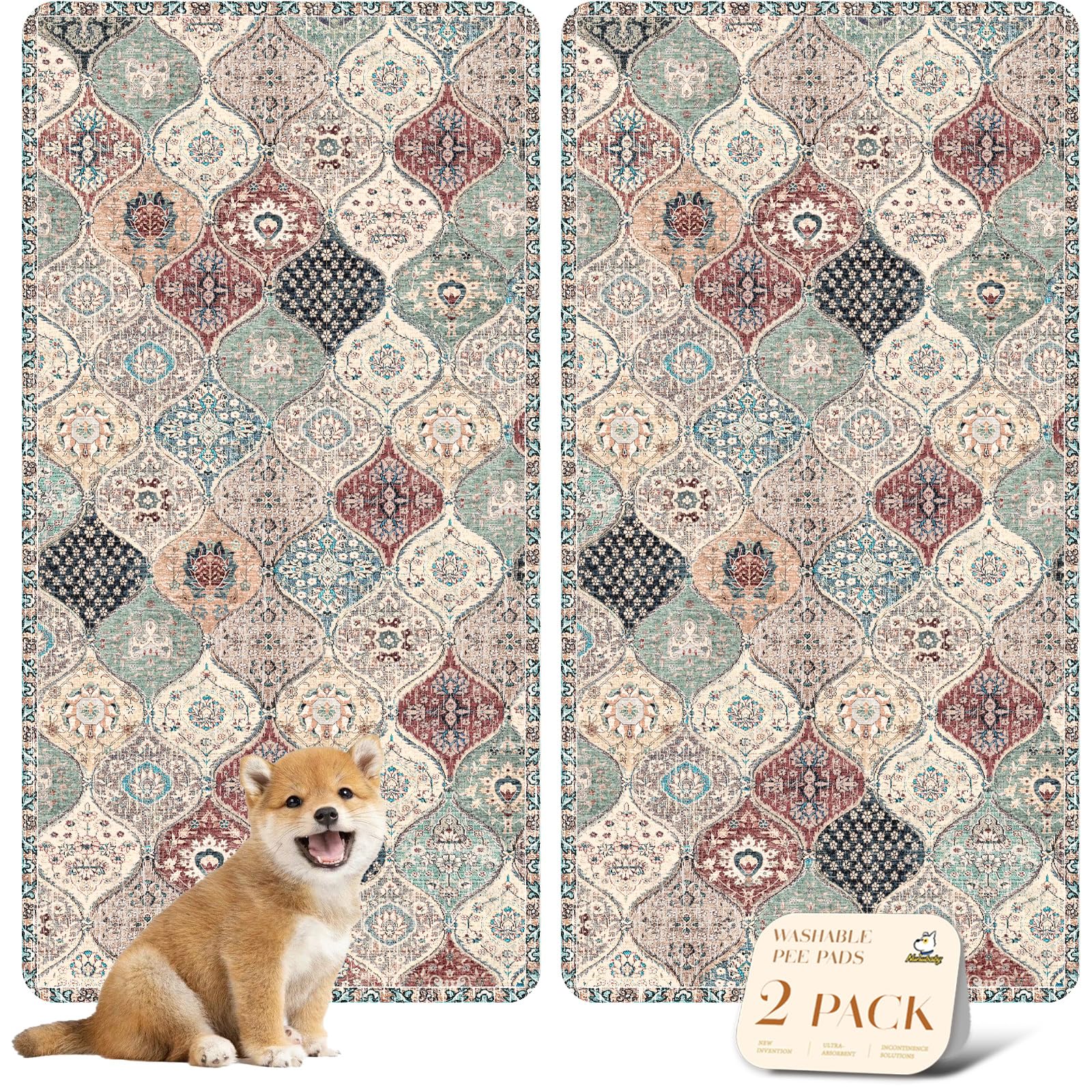 nunubaby Washable Pee Pads for Dogs, Stylish, Non-Slip and Leak-Proof Pee Pads. Reusable Potty Pads for Dogs for Crates and Floors.(Dark Red/Multi,24" x48" )