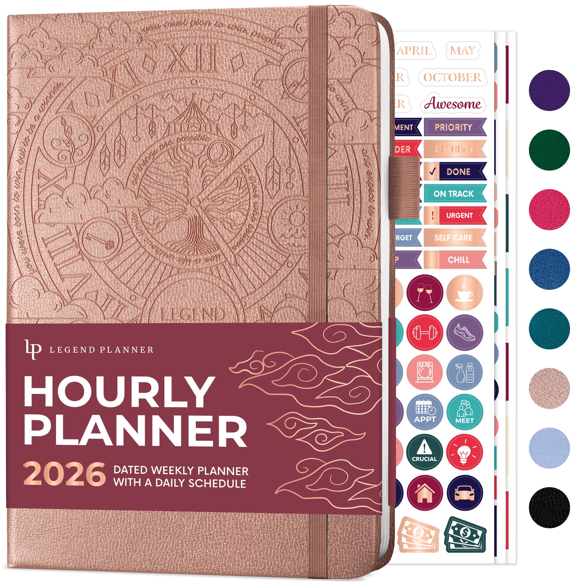 Legend Dated Hourly Weekly Planner 2026 – Daily, Monthly & Yearly Agenda with Time Slots – Hardcover Organizer Journal, 5.8x8.3” (Rose Gold)