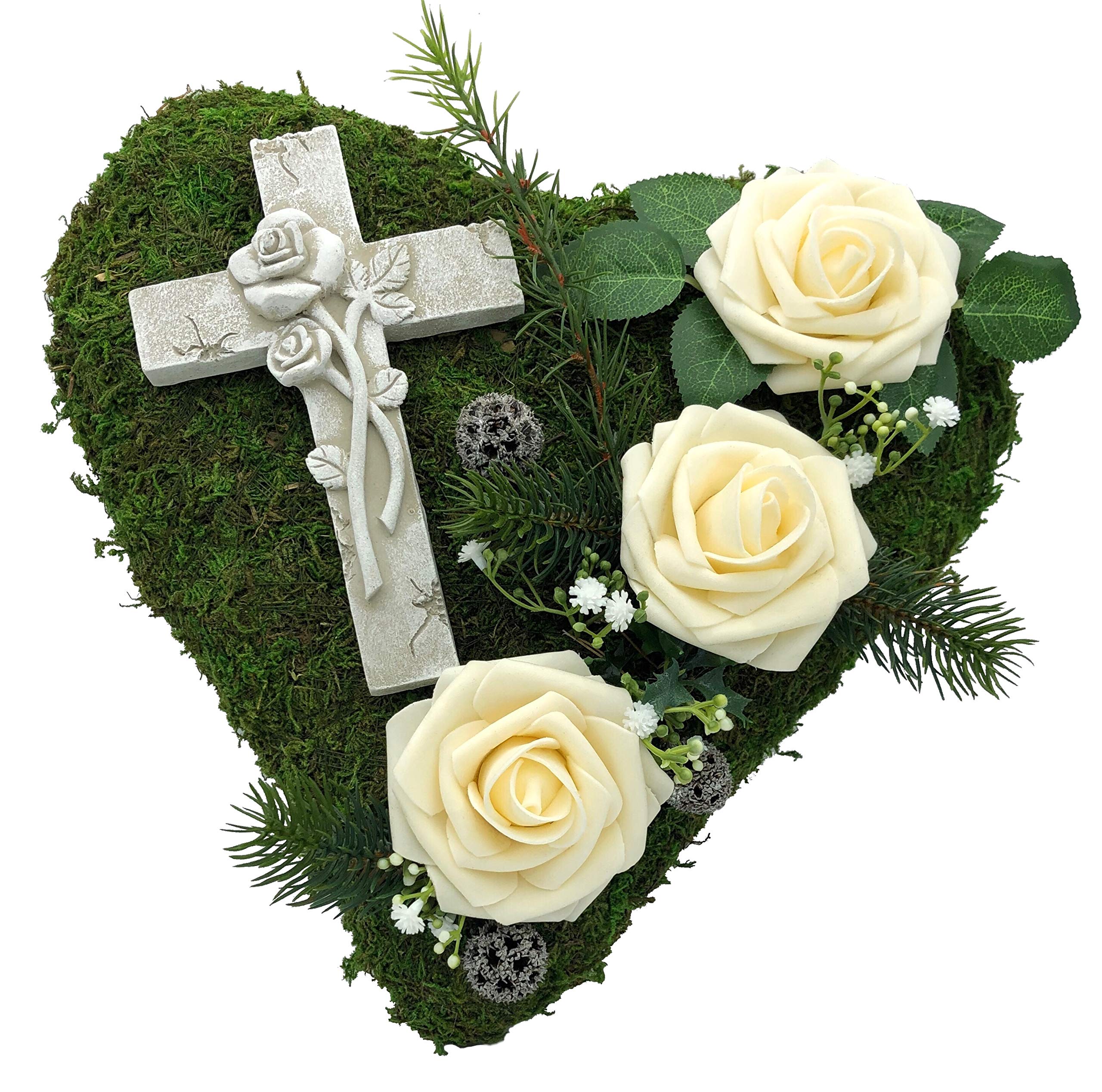 Radami Grabgesteck Grabschmuck Grabaufleger Moosherz Grabherz Trauerherz Grab Herz Gesteck Rosen mit Kreuz (Rosen Creme)
