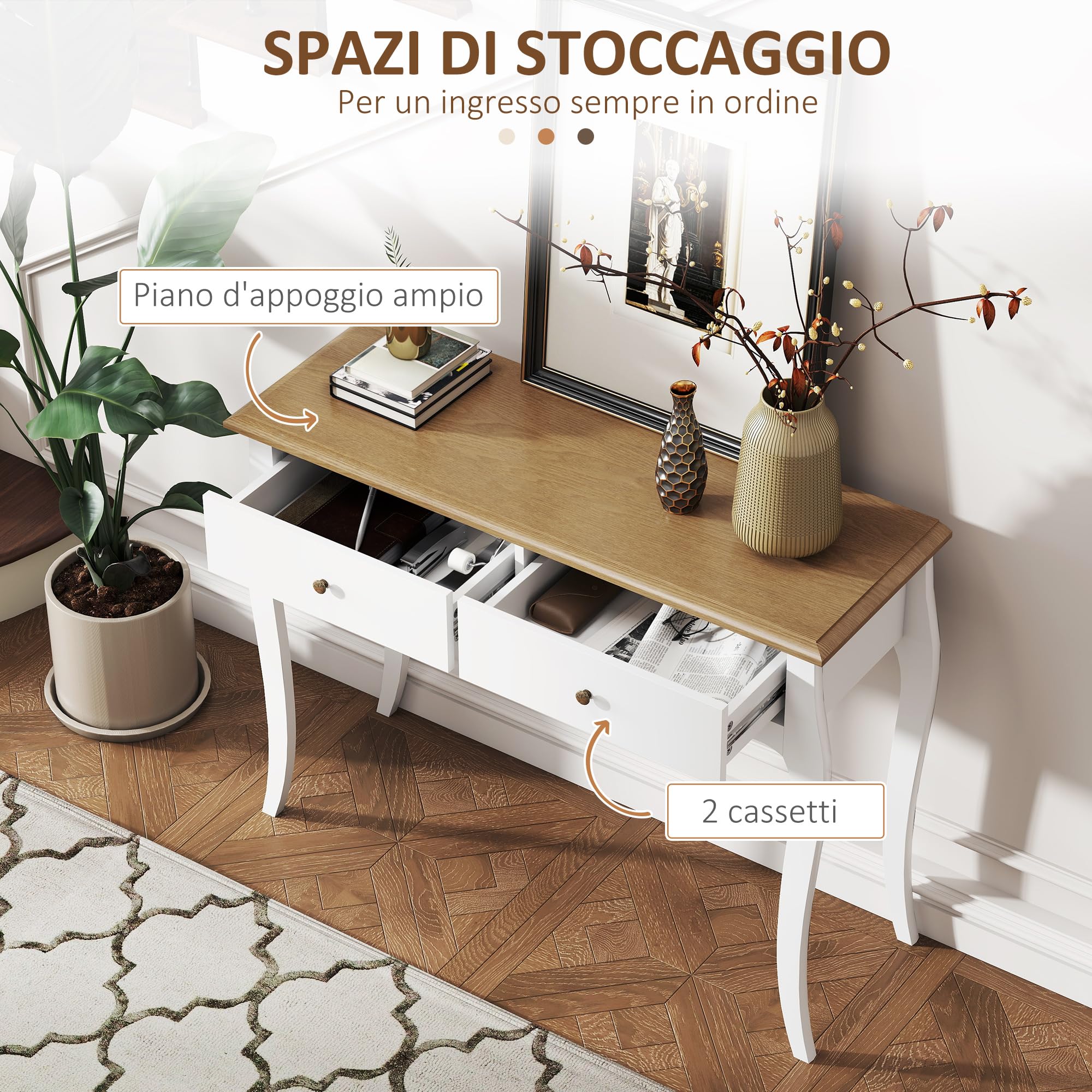 HOMCOM Tavolo Consolle Moderno con 2 Cassetti, Consolle da Ingresso in MDF e Truciolato, 100x35x76.5 cm, Bianco e Marrone Scuro