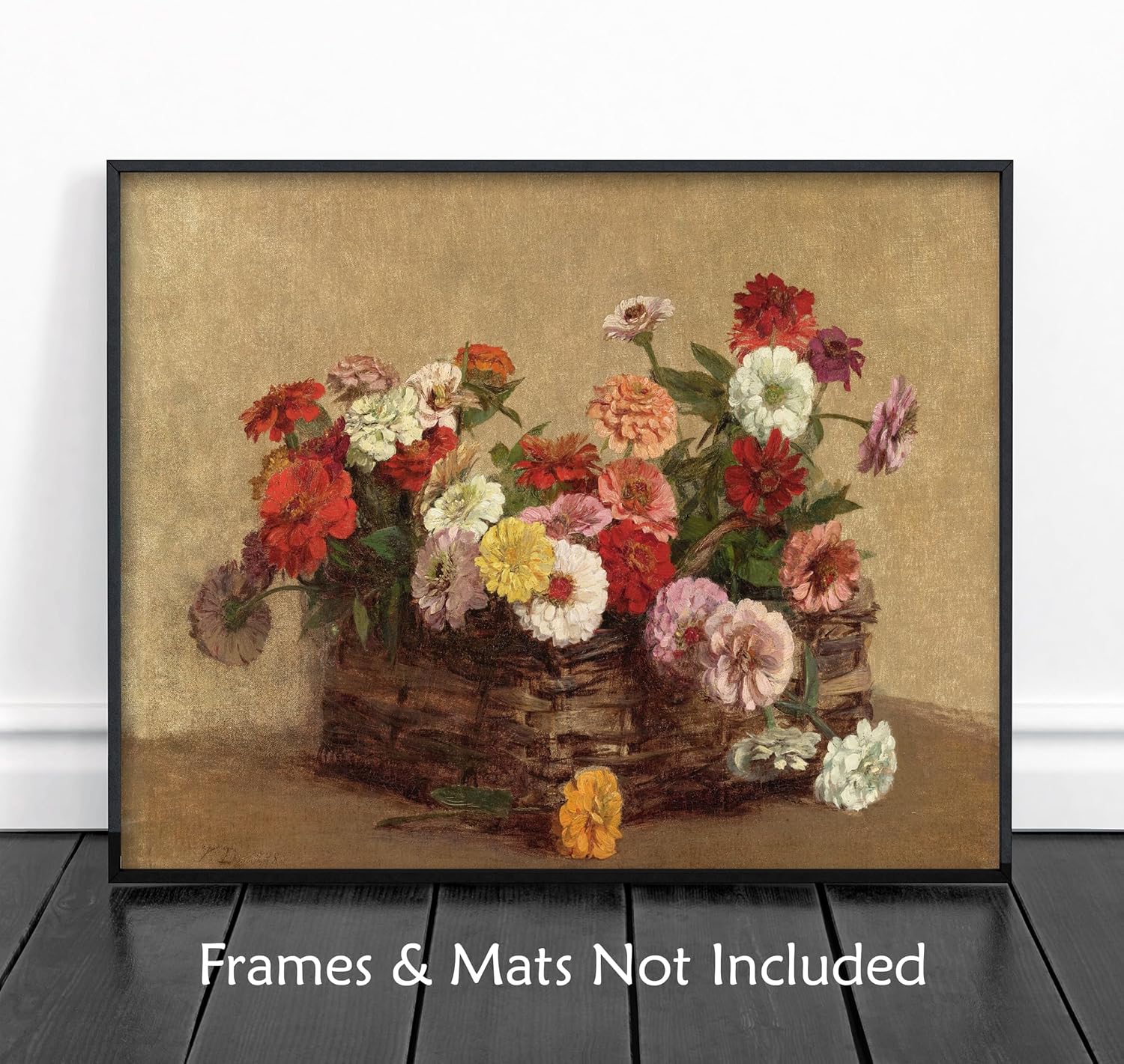 CLOUD NINE PRINTS | Zinnias in a Basket, Vintage Rustic Still Life Print - Summer Farmhouse Wall Art, Garden Flower Decor, Gathered Country Bouquet Art (Unframed 11x14 Print)