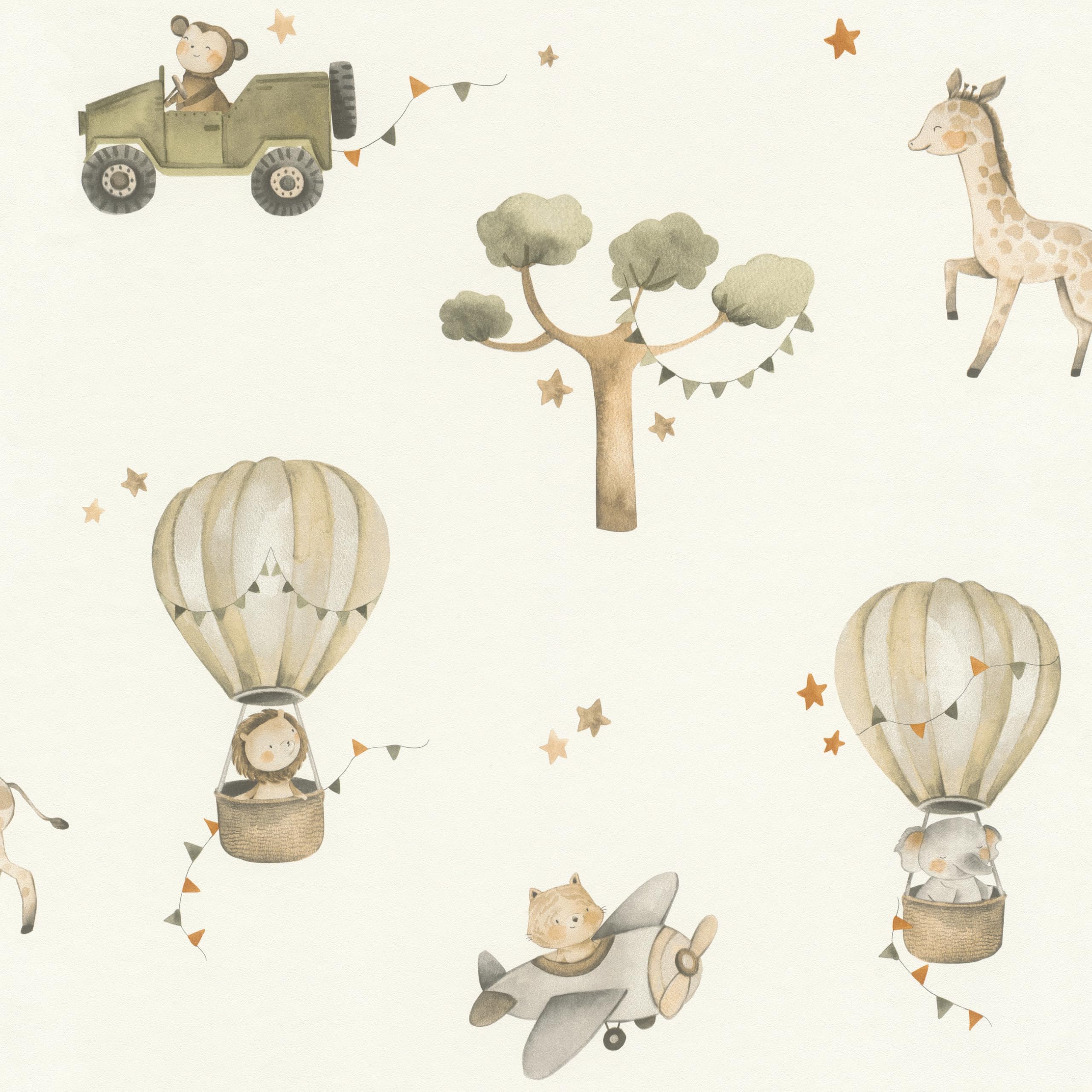 Kids Green Beige Safari Animals Wallpaper Balloons Nursery Adventure Theme