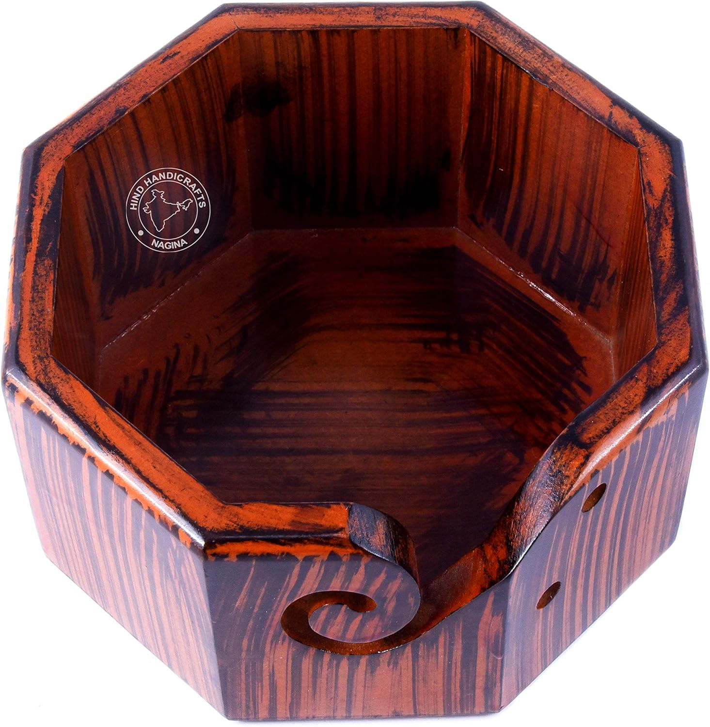 Hind Handicrafts Premium Solid Dark Handmade Crafted Wooden Portable Antique Yarn Storage Bowl Tray - Holder for Knitting Crochet Hook Accessories (Teak Brown - 2, 6" x 6" x 3")