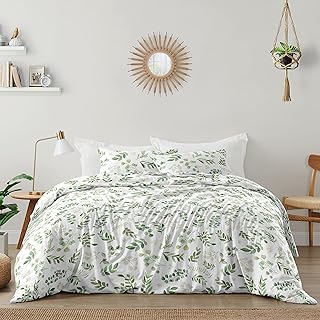 Sweet Jojo Designs Floral Leaf Girl Full/Queen Bedding Comforter Set Kids Childrens Size - 3 Pieces - Green and White Boho Watercolor Botanical Woodland Tropical Garden