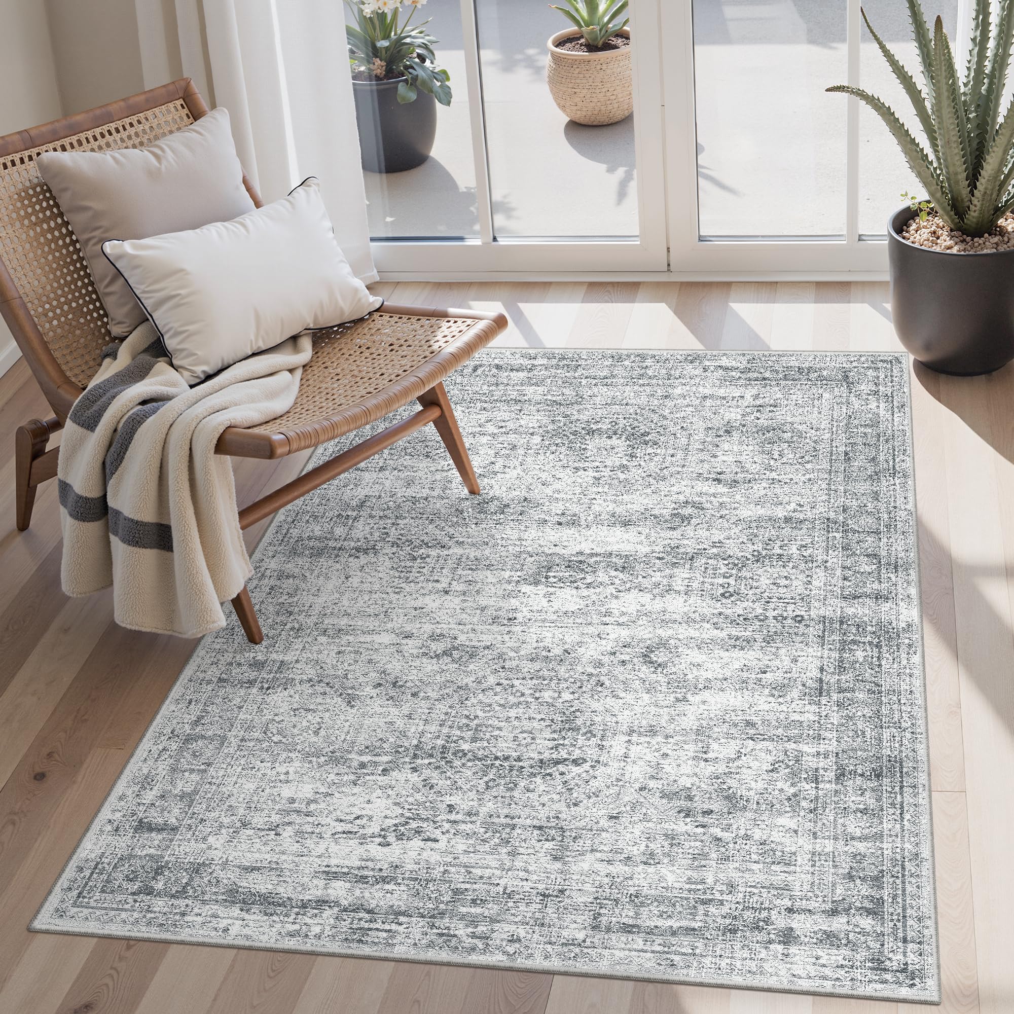 Soalmost 3x5 Rug, Small Area for Kitchen, Entryway, Machine Washable Non-Slip Throw Rug, Vintage Carpet for Nursery Coffee Table Grey