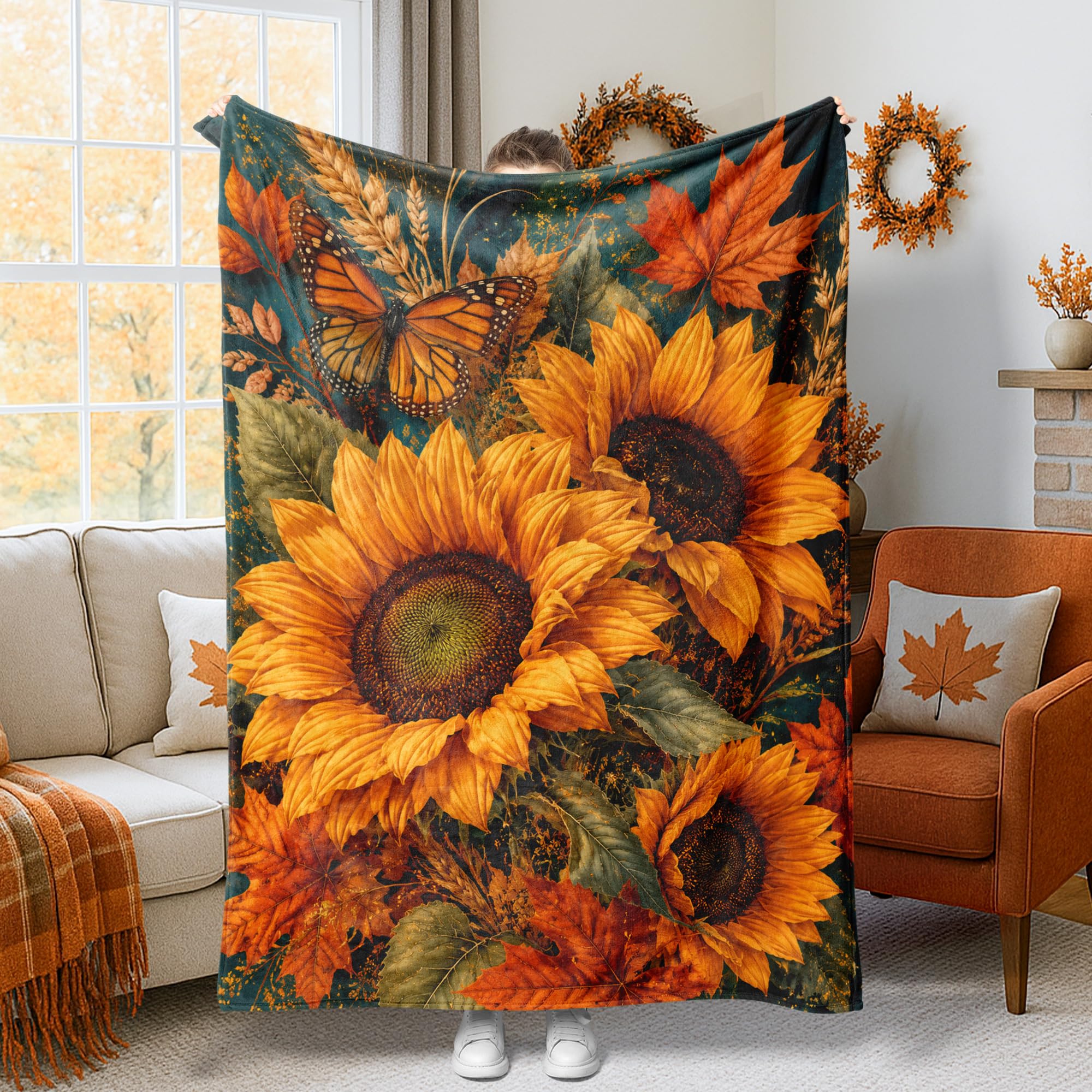 Couverture de lit en molleton premium motif feuilles d'automne et papillon