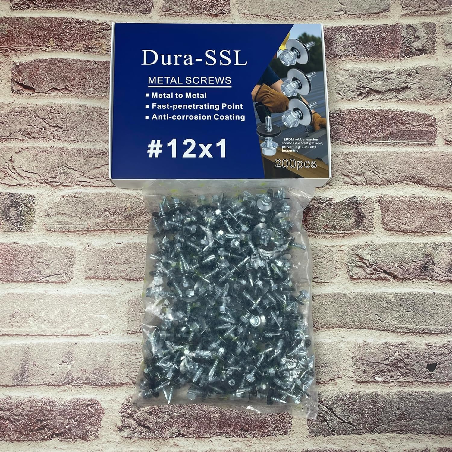 Dura-SSL Generic Zinc Plated Steel Roofng Screws(#12x1), 200 Pack, Hex Head Self Tapping Screws with EPDM Washer for Metal to Metal, Sheet Metal Roof Screw