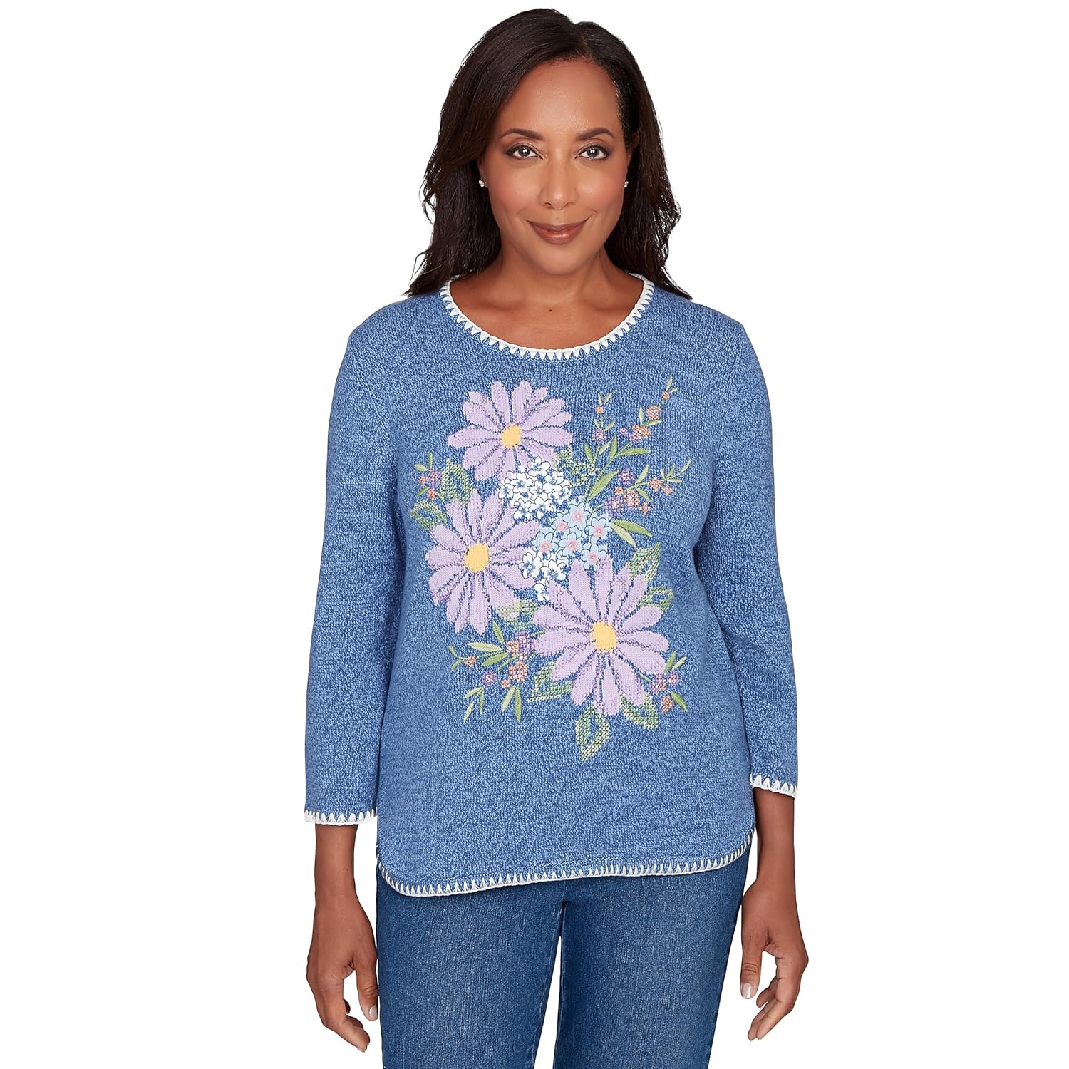 Alfred Dunner Womens Cross Stitched Floral Pullover Sweater