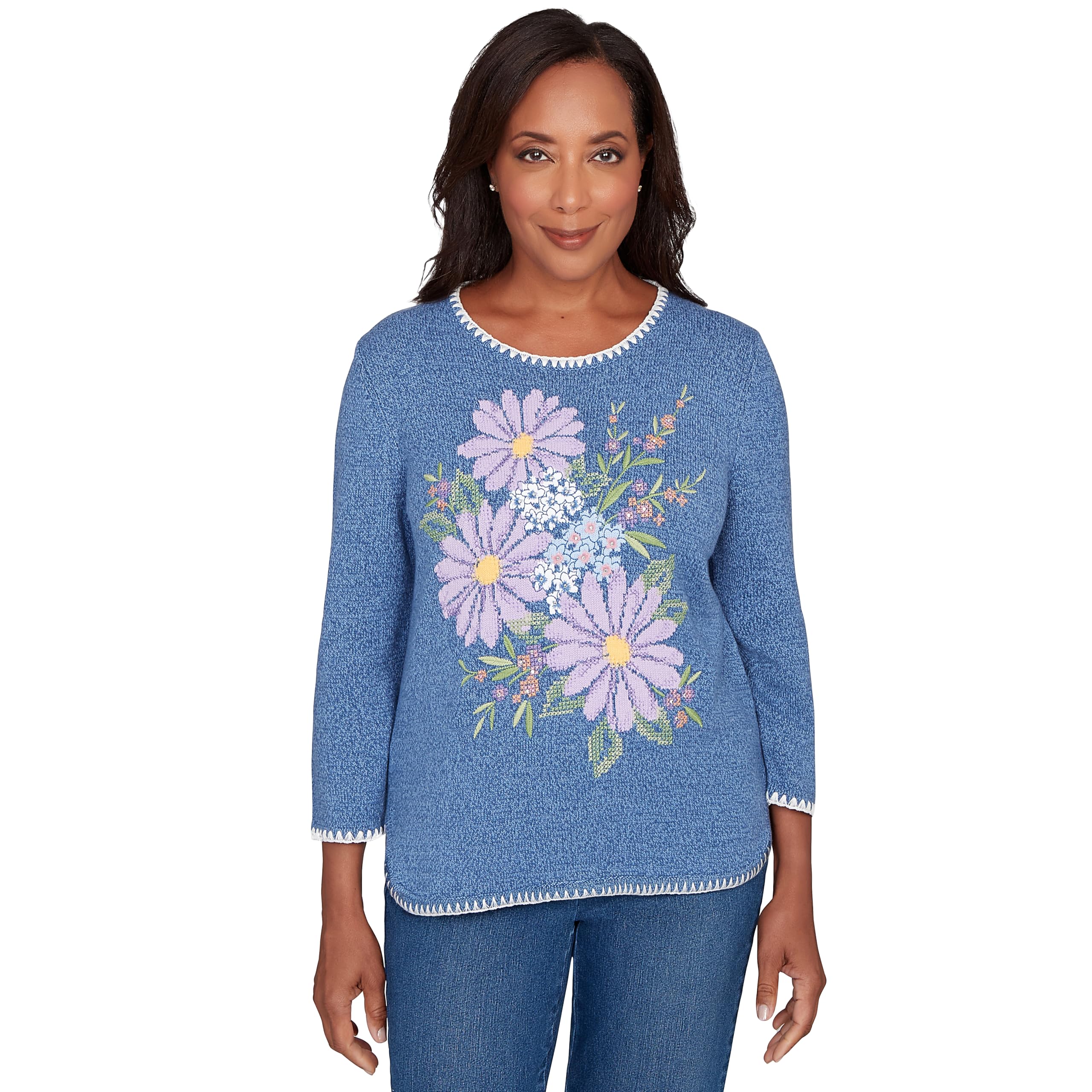 Alfred Dunner Womens Cross Stitched Floral Pullover Sweater