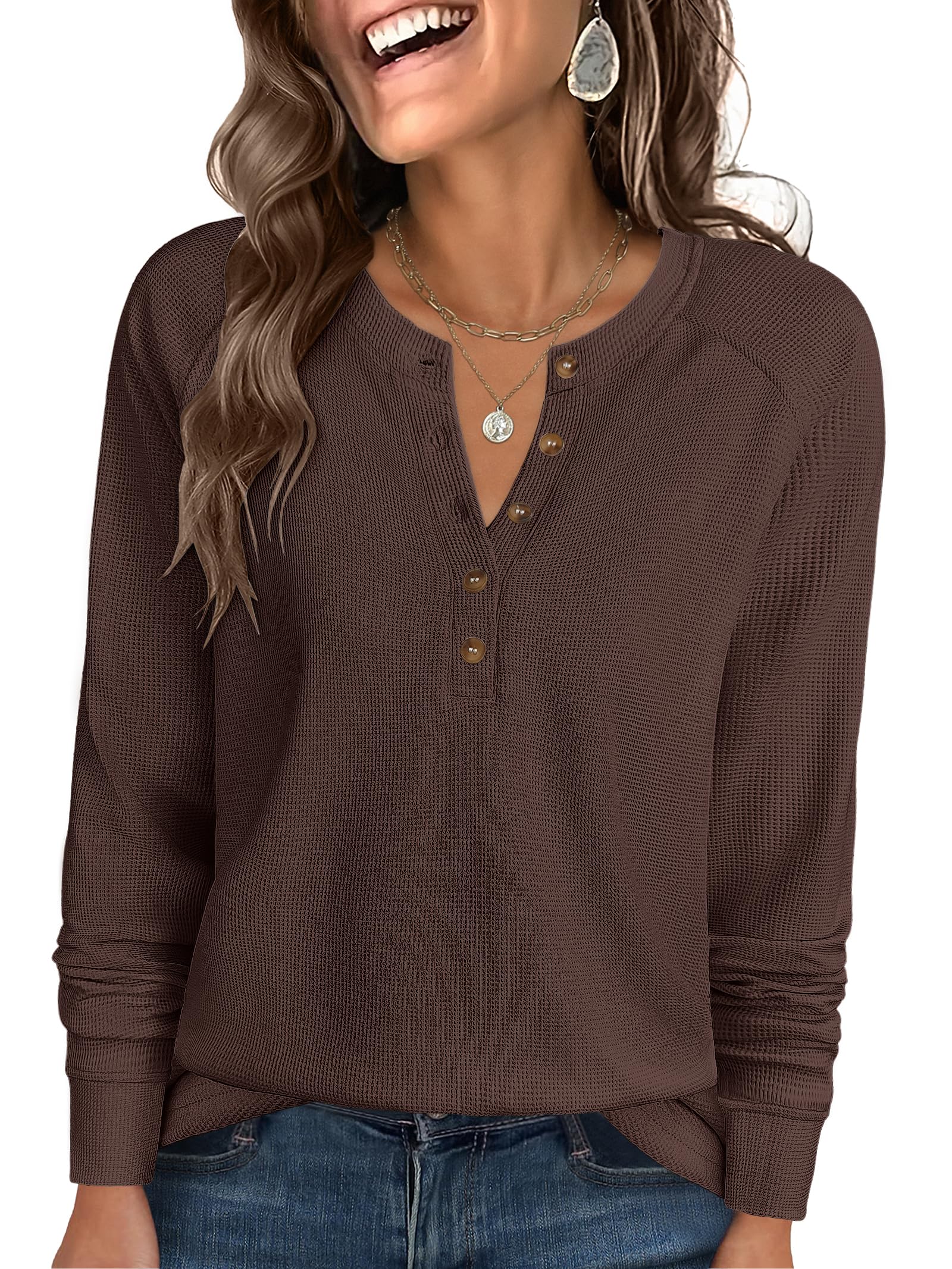 ANRABESS Women's Waffle Knit Henley Top Long Sleeve Shirts | 2026 Fall Outfits,Soft Loose Lightweight Sweater,Button Up V Neck T-Shirts,Dressy Casual Blouse,Business Work &Travel Clothes
