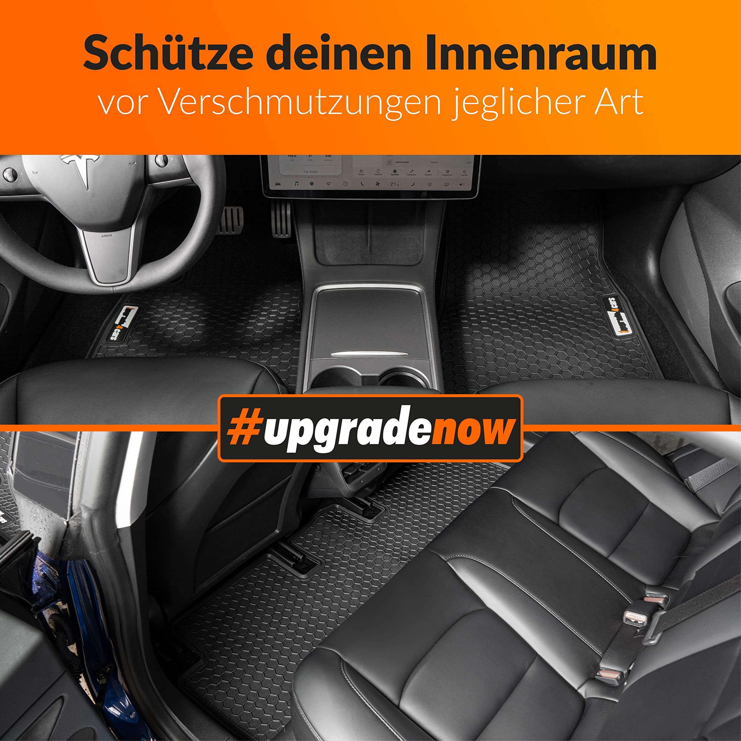 Upgrade4cars Auto Fußmatten Set kompatibel für Tesla Model 3 | Fussmatten für Vorne & Hinten in Schwarz | wasserdichte Gummimatten | Autozubehör Innenraum