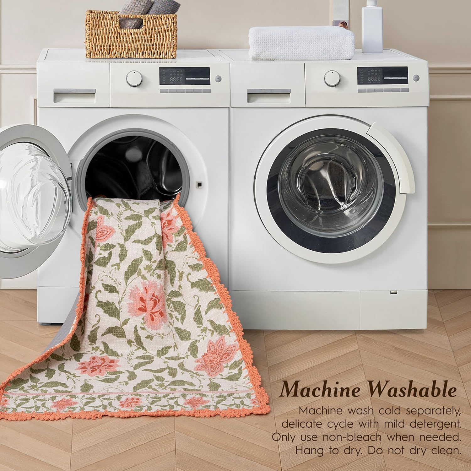 Laura Ashley Cotton Crochet Border Moored Garden Pale Poppy Floral Machine Washable & Slip Resistant 26" x 45" Accent Rug