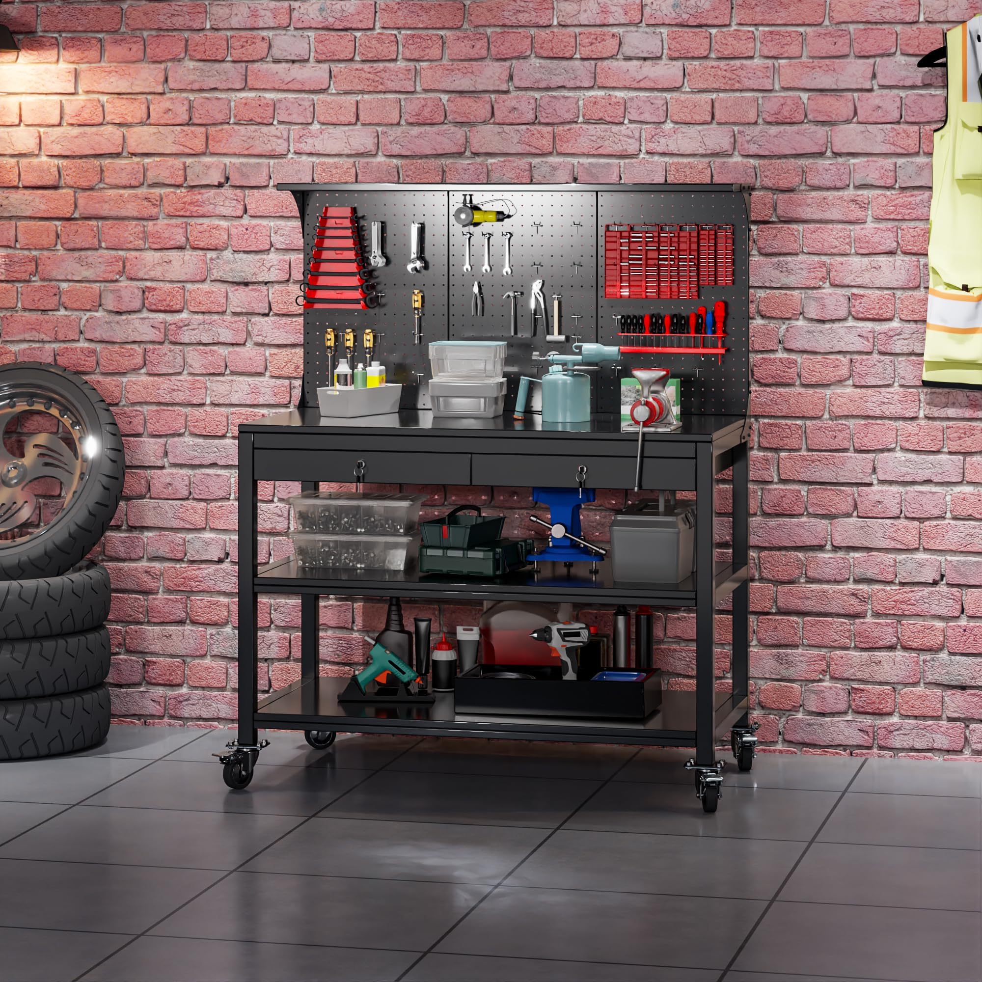 SUPEER Werkbank Metall Bewegbarer mit Hochfeste Räder und Pegboard,1500 x 1000 x 530 mm - 500 kg Tragkraft - 2 verriegelbare Werkzeugschubladen,Heavy Duty Stahl Arbeitsbank/Werktisch