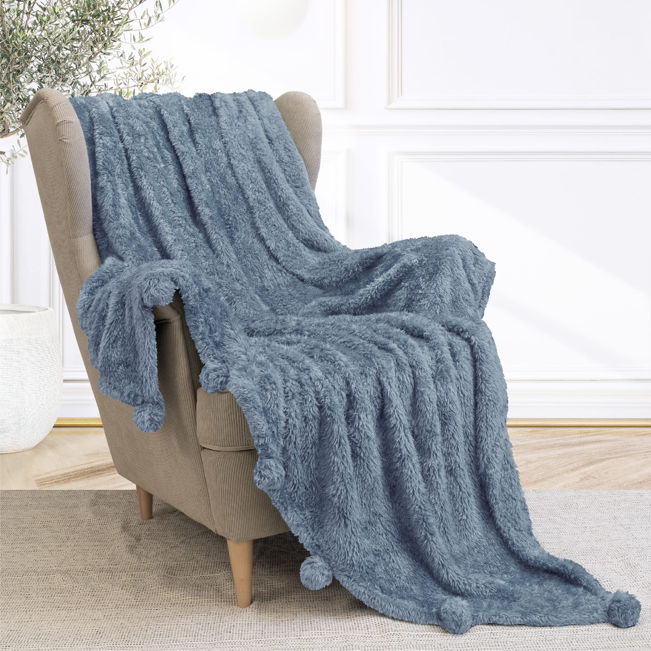 PAVILIA Dusty Blue Sherpa Throw Blanket with Soft Pom Pom Fringe, Plush Cozy Warm Blankets for Couch Bed Sofa, Fuzzy Fleece Throw with Pompom, Lightweight Fluffy, Blue 50x60 in