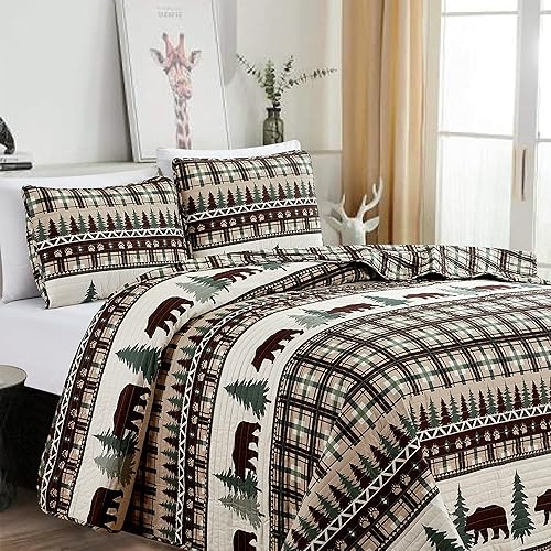 Miniatura 4 de Juego de edredón reversible de 3 piezas con fundas de almohada, colcha suave y ligera para todas las estaciones, diseño rústico a cuadros, colección