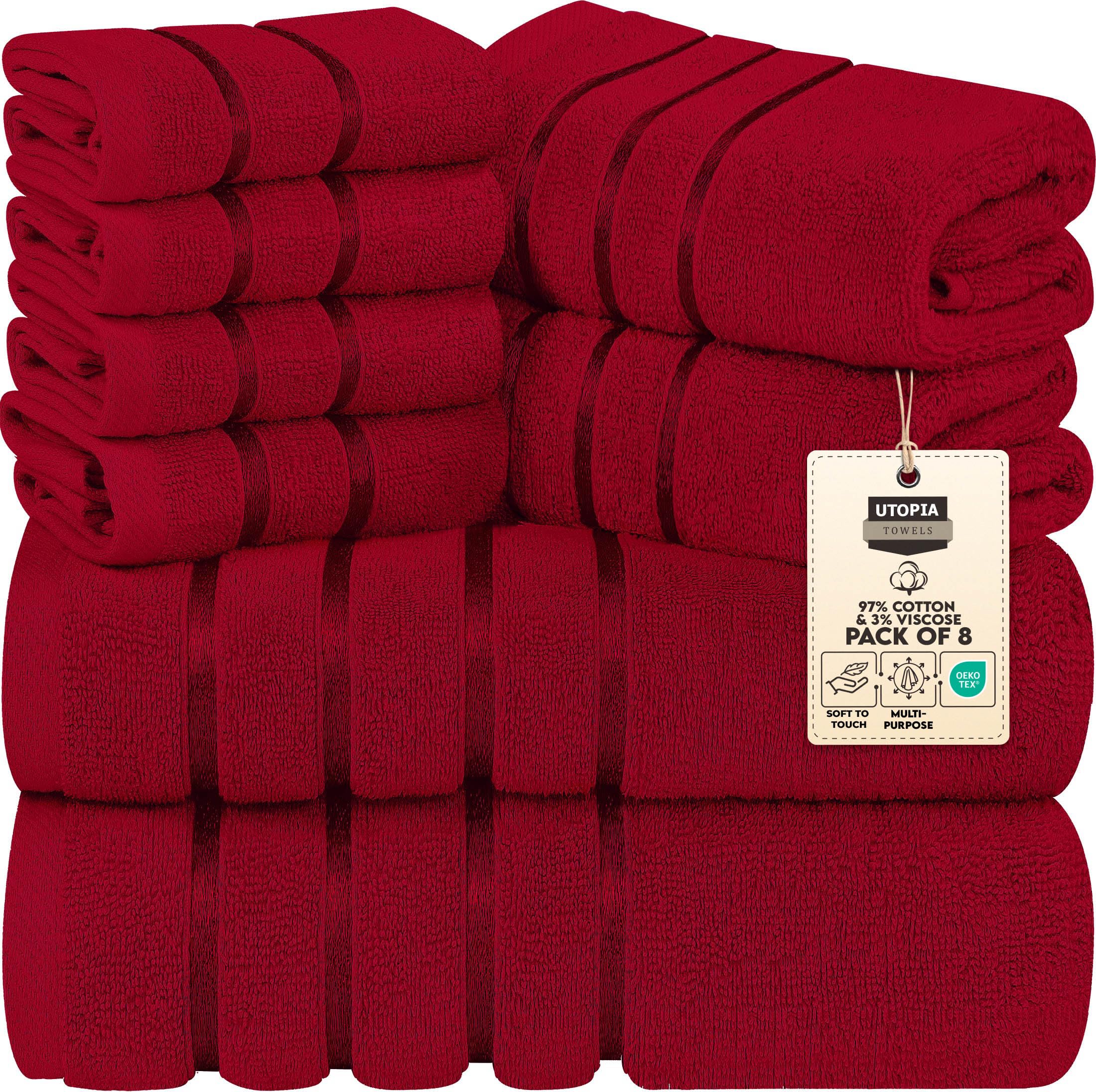 Utopia Towels 8-Piece Luxury Towel Set, 2 Bath Towels, 2 Hand Towels, and 4 Wash Cloths,97% Ring Spun Cotton Highly Absorbent Viscose Stripe Towels Ideal for Everyday use (Red)