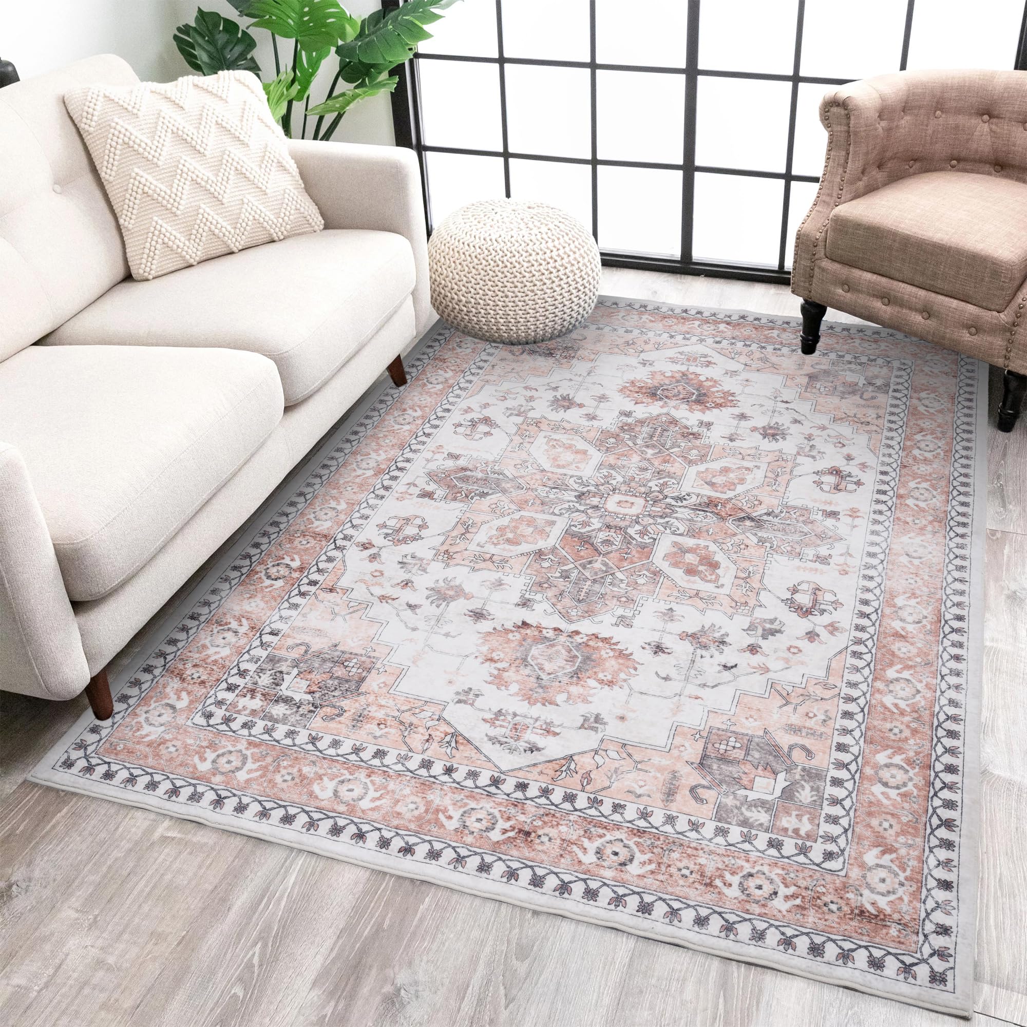 Washable Area Rug for Living Room - 4x6 Boho Bedroom Rug, Non-Slip & Non-Shedding, Distressed Oriental Print Floor Carpet for Dining Room Kitchen (Pink/White, 4 x 6)