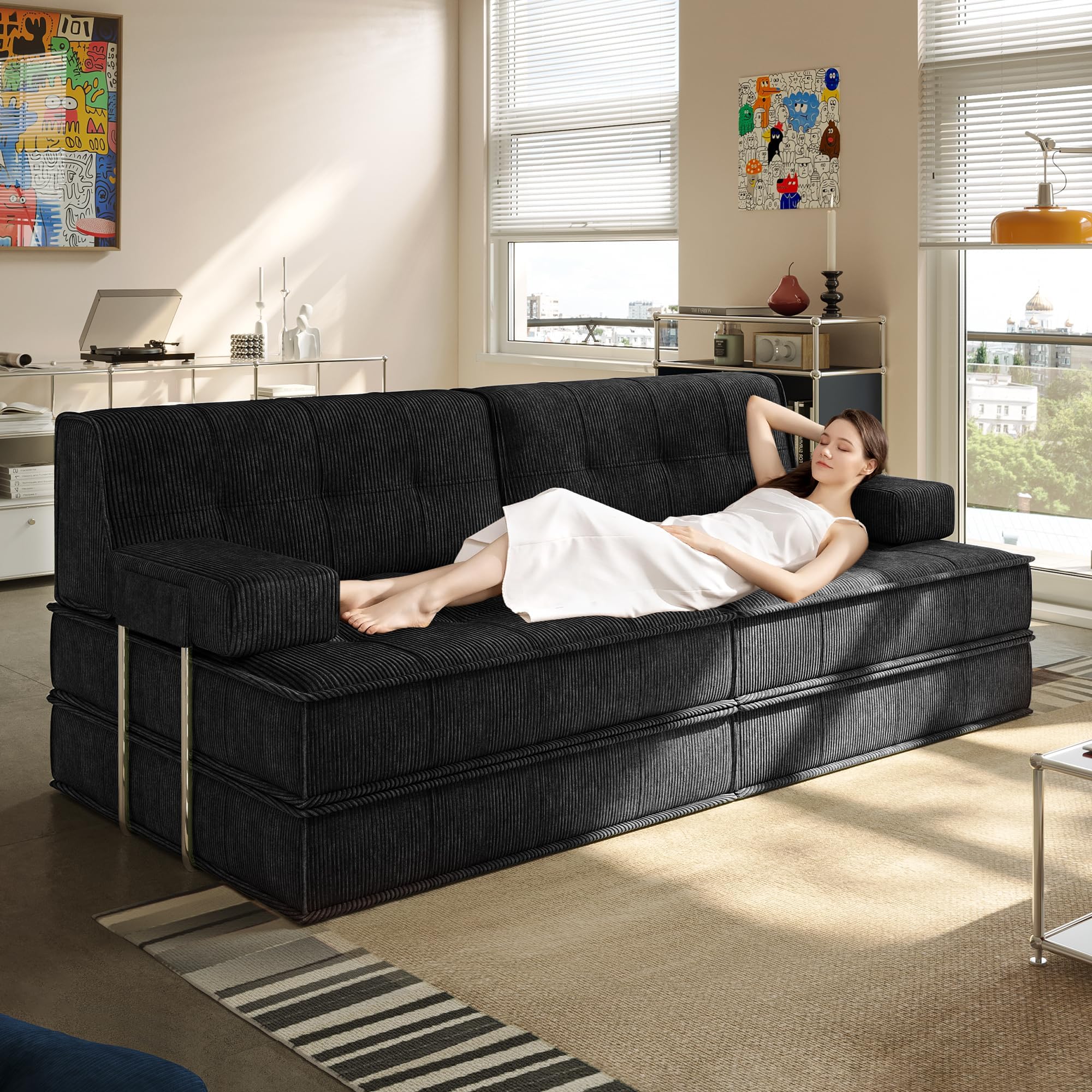 6 in 1 Schlafsofa 160x100cm,Klappbare Matratze 200x160cm mit festem Rahmen, Bequemer Ausklappbarer Futon, 4-Sitzer Gästesofa modularer Loveseat für Wohnzimmer (Schwarz)