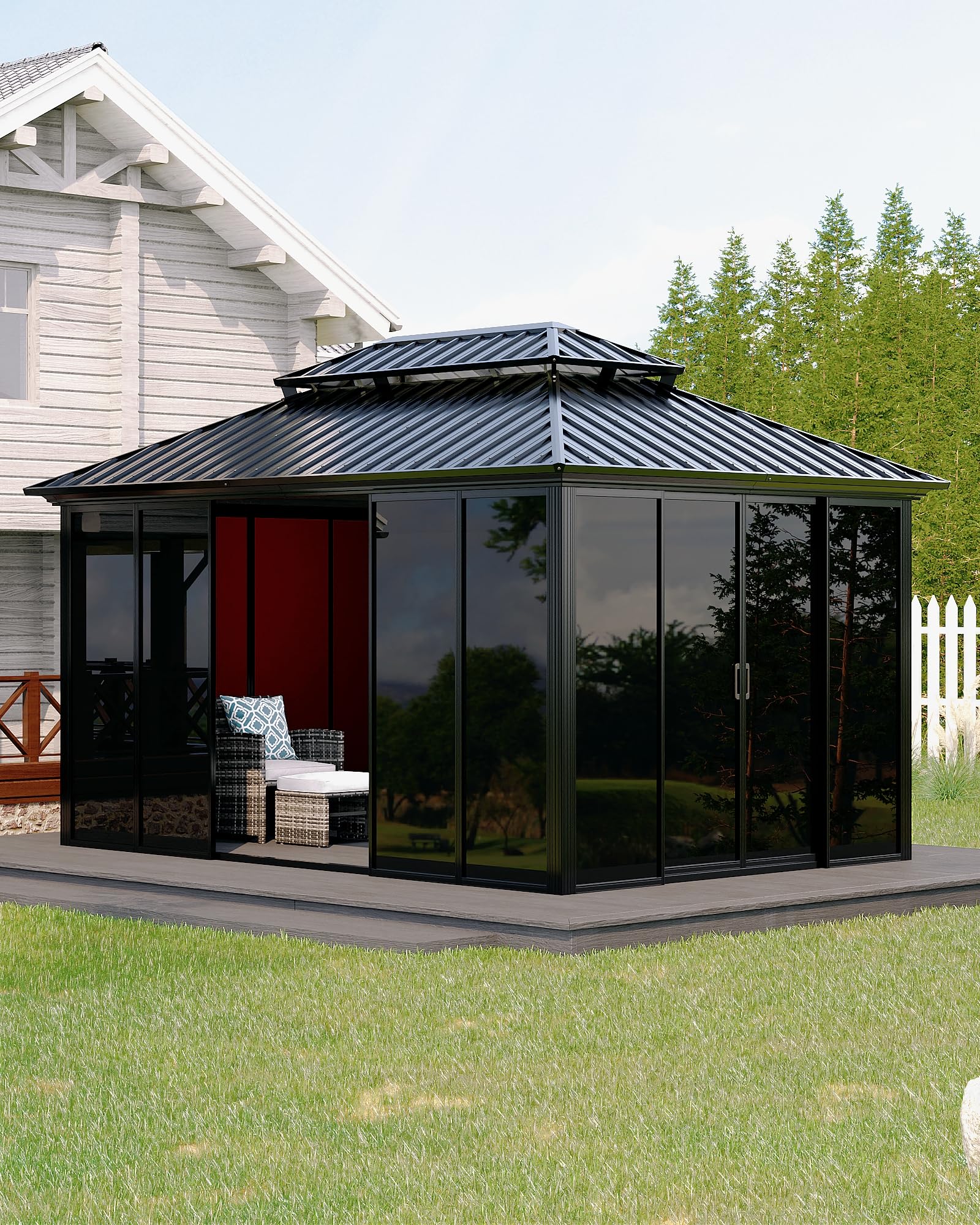 10x14 ft hardtop gazebo sunroom, all-season outdoor room with aluminum frame, enclosed patio solarium with polycarbonate sliding doors & double roof for backyard, deck, and hot tub enclosure (incomplete only box #2 of 8)