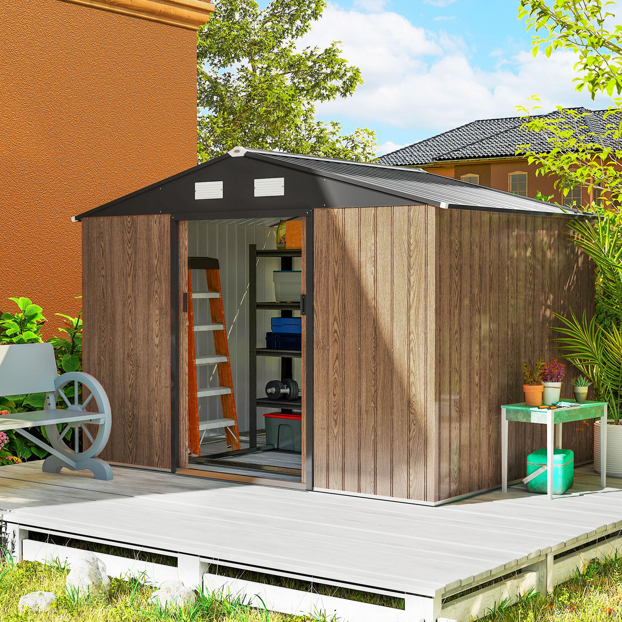Outsunny 9' x 6' Garden Storage Shed with Foundation Kit, Metal Tool Storage House with Double Doors for Outdoor Patio Yard, Dark Grey — view 22