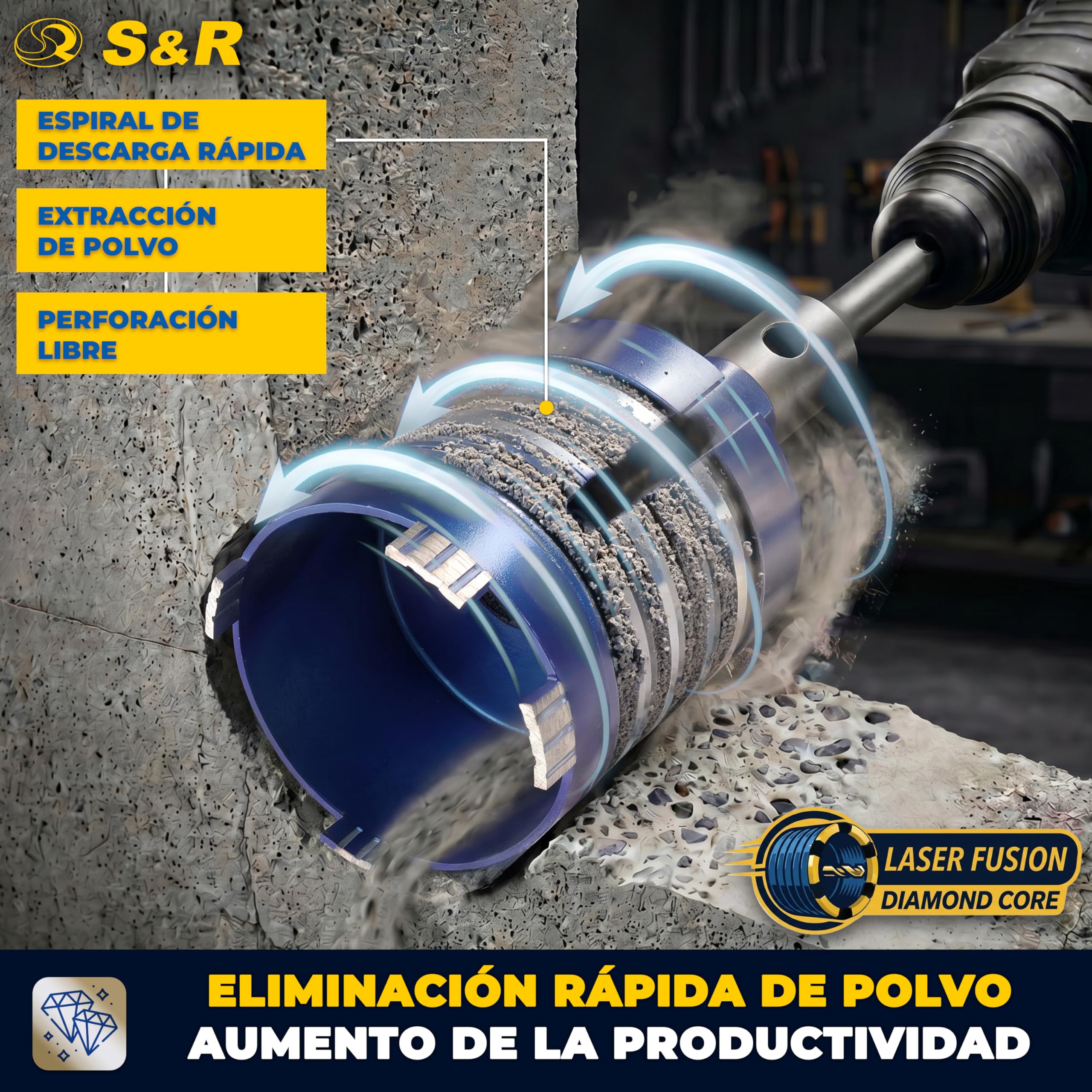 S&R Corona de Perforación de Diamante – Set 72 mm - Altura de segmento 10 | Broca Central 8 x 120 mm + Adaptador SDS-plus + Caja estable - Avellanador de latas