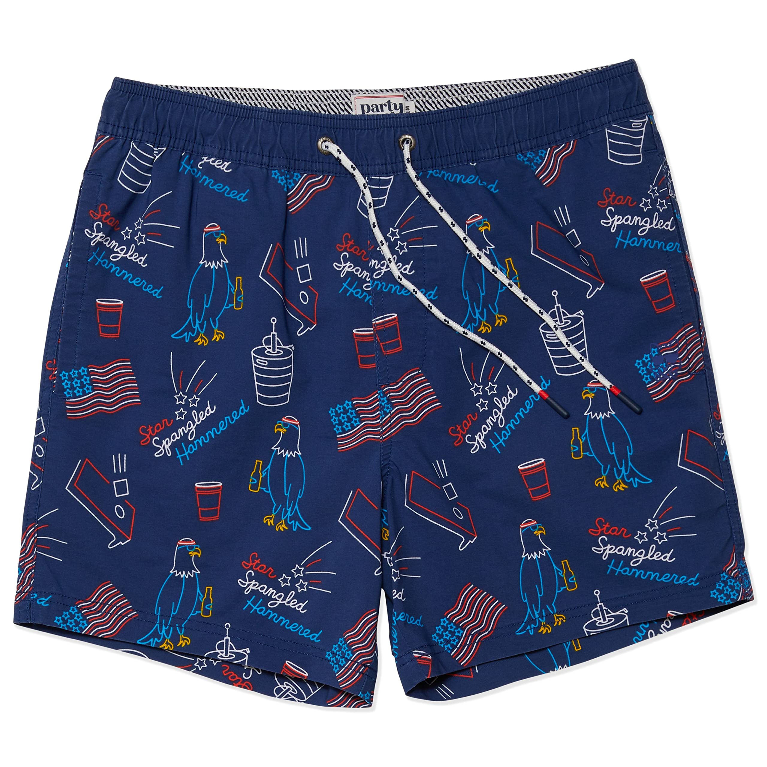 Party PantsUSA Men’s Swim Trunks, Characters, Stretch Swimming Board Shorts, 5.5” Inseam