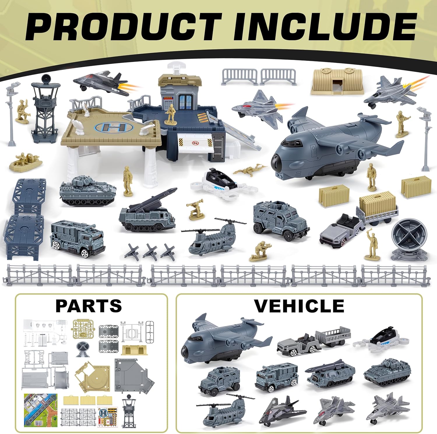 Military Base Building Playset, Army Toys with 11 Vehicles Airplane Helicopter Fighter Jet Army Men Action Figures and Play Map, Birthday Gift for 3 4 5 Year Old Boys Girls Kids