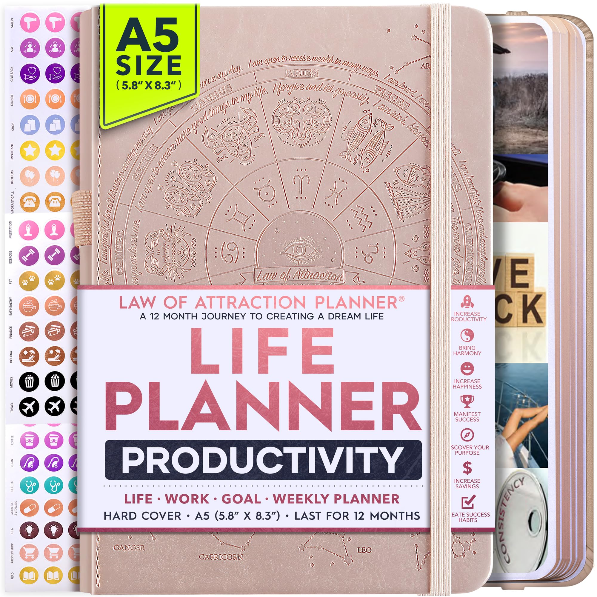 Life Planner - Undated Weekly & Monthly Planner, 12-Month Journey to Increase Productivity | Gratitude Journal, Life Organizer & Goal Journal | Include Foldable Vision Board, Habit Tracker & Stickers