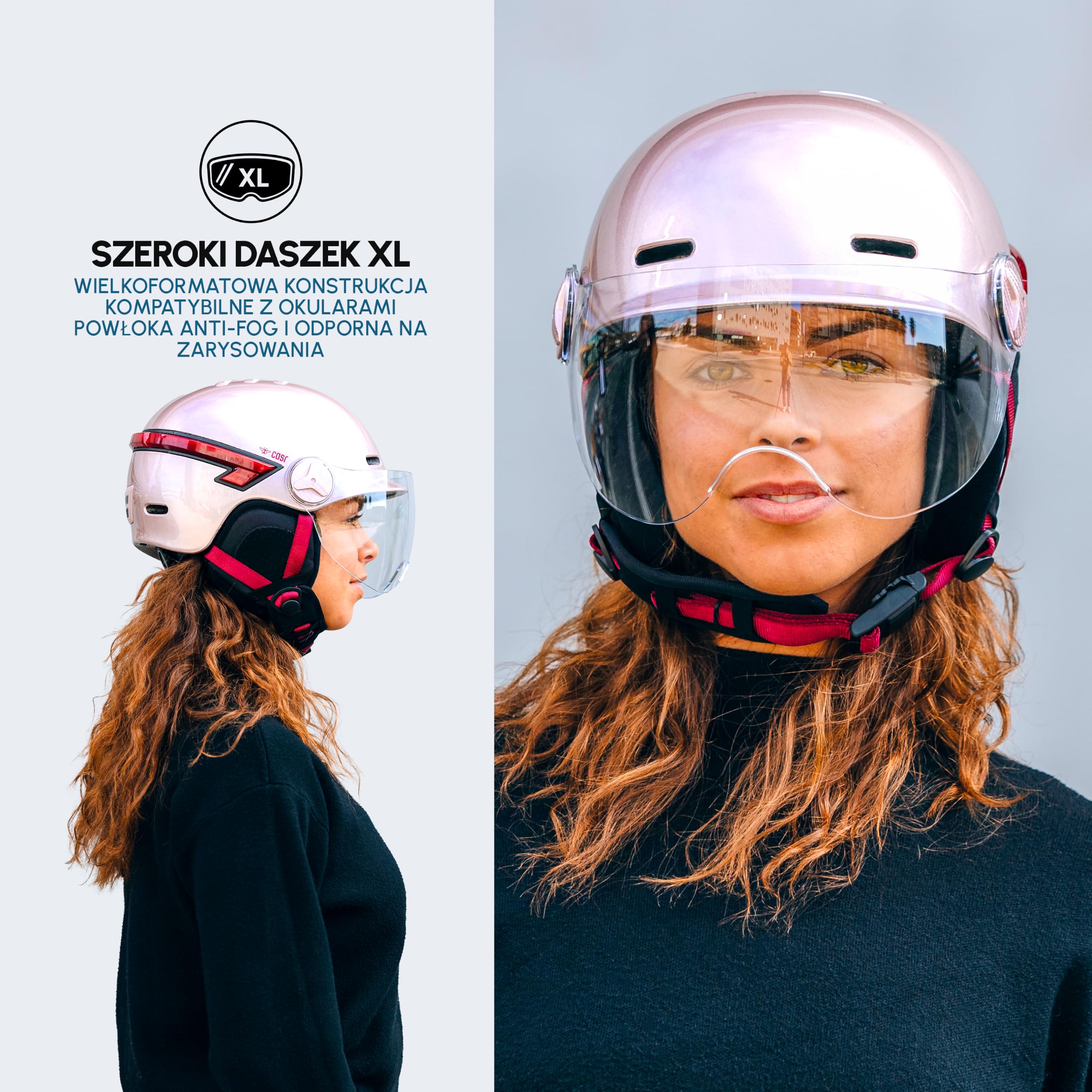 CASR Glow Kask rowerowy LED i hulajnogi, daszek XL i zdejmowane nauszniki, tylne kierunkowskazy i pilot zdalnego sterowania, ładny miejski design dla mężczyzn i kobiet, przezroczysty róż, rozmiar M