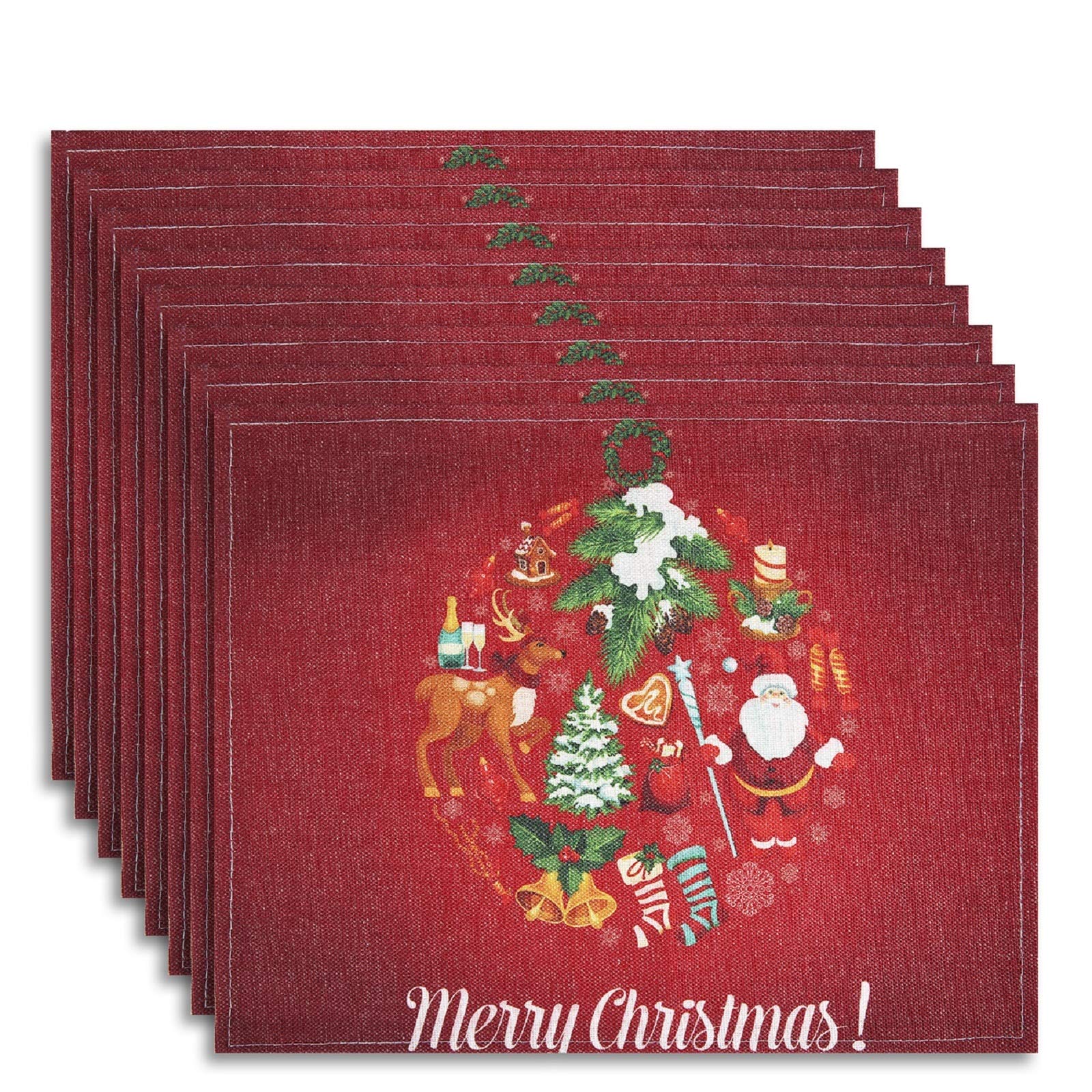 ZeeDix 8 Set 12.6×16.2 inches Merry Christmas Red Table Placemats,Heat-Resistant Washable Table Place Mats,Cotton&Linen Wi...