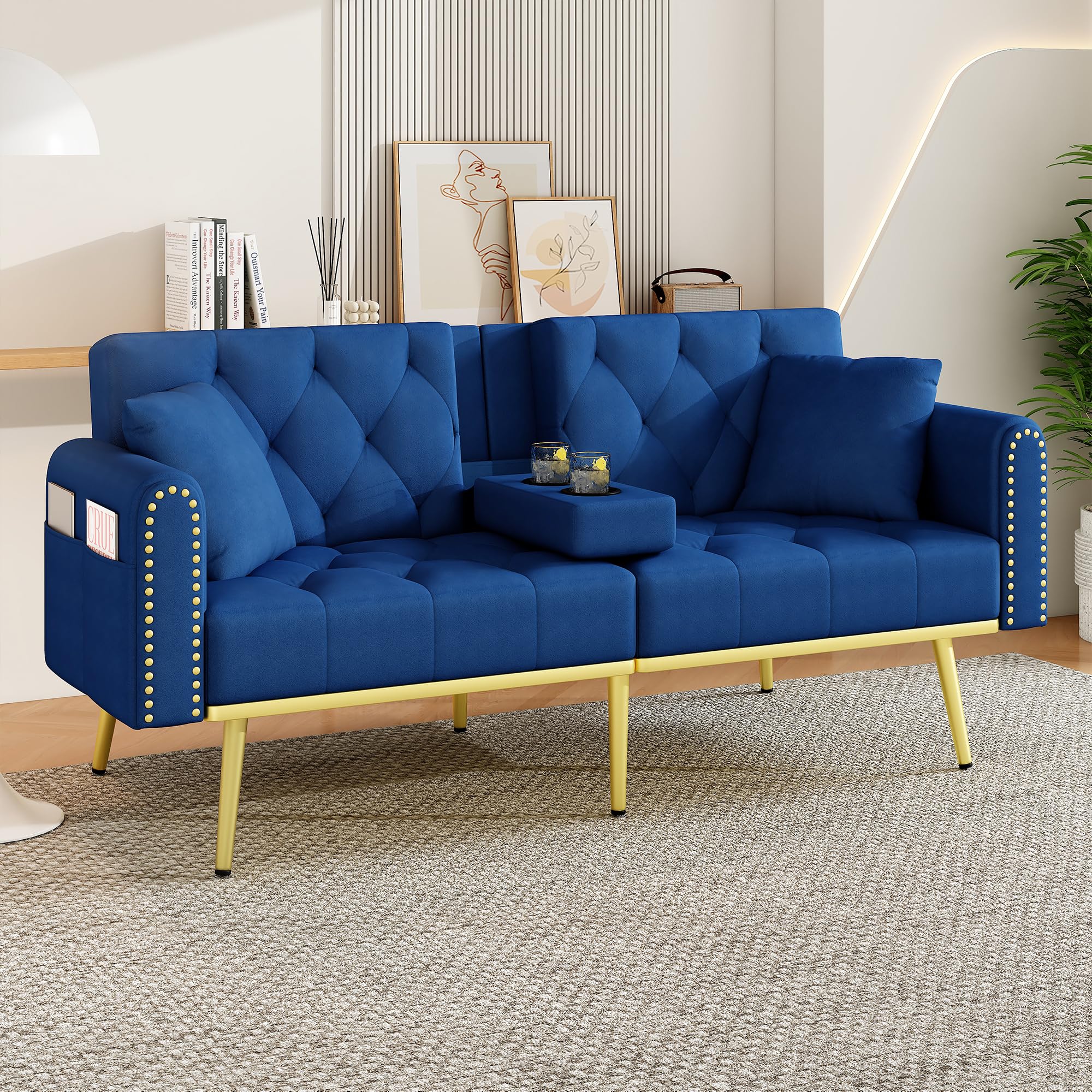 Sofá cama doble plegable con función reclinable, tres ángulos de inclinación ajustables y soporte para bebidas. Adecuado para sala de estar, dormitorio, cine en casa o habitación de invitados