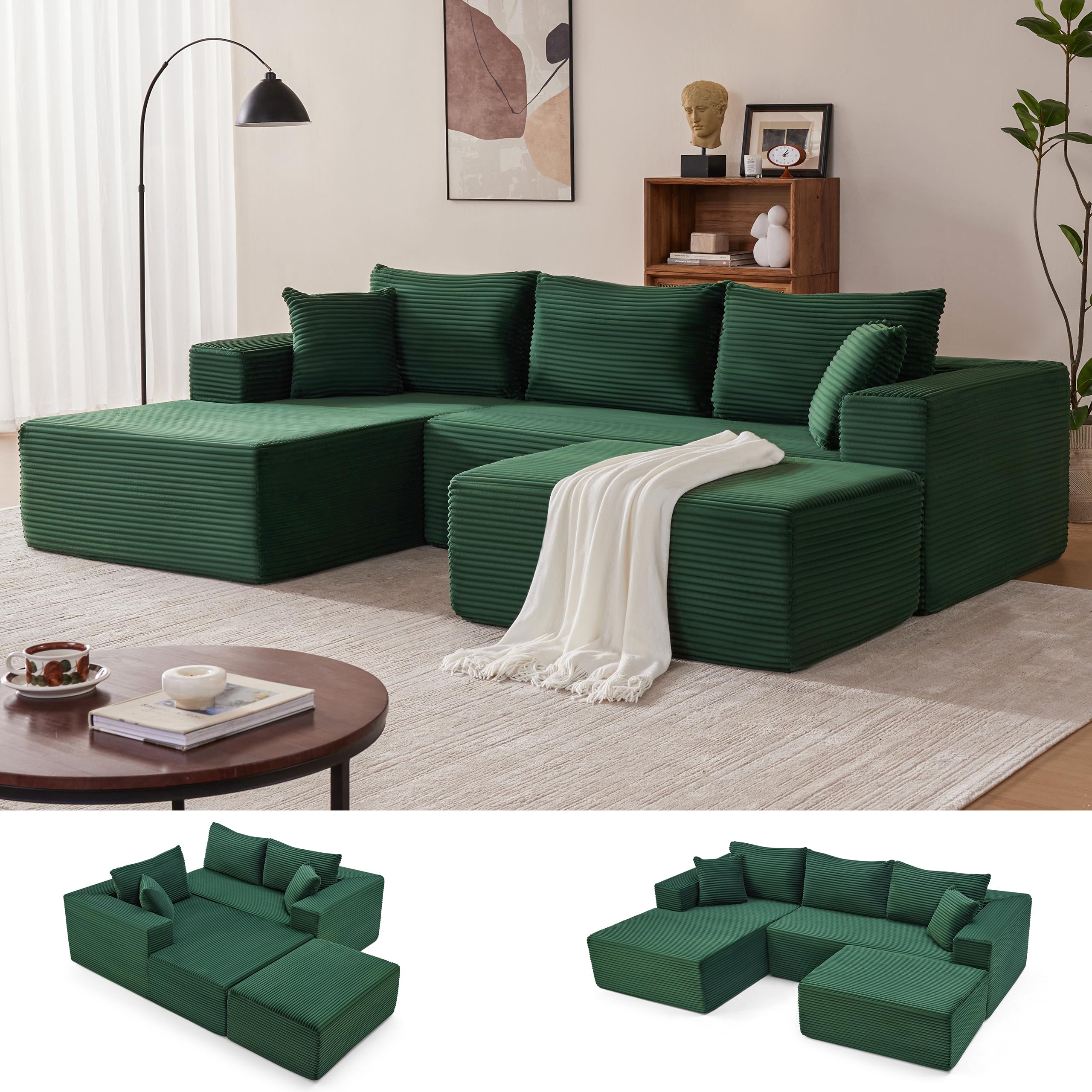Mangodan 110” Cloud Sectional Couch, Modular Sectional Sofa with Deep Seat, Boneless Sofa for Living Room, Fluffy Comfy U-Shaped Couch with Left Facing Chaise, No Assembly Required, Green