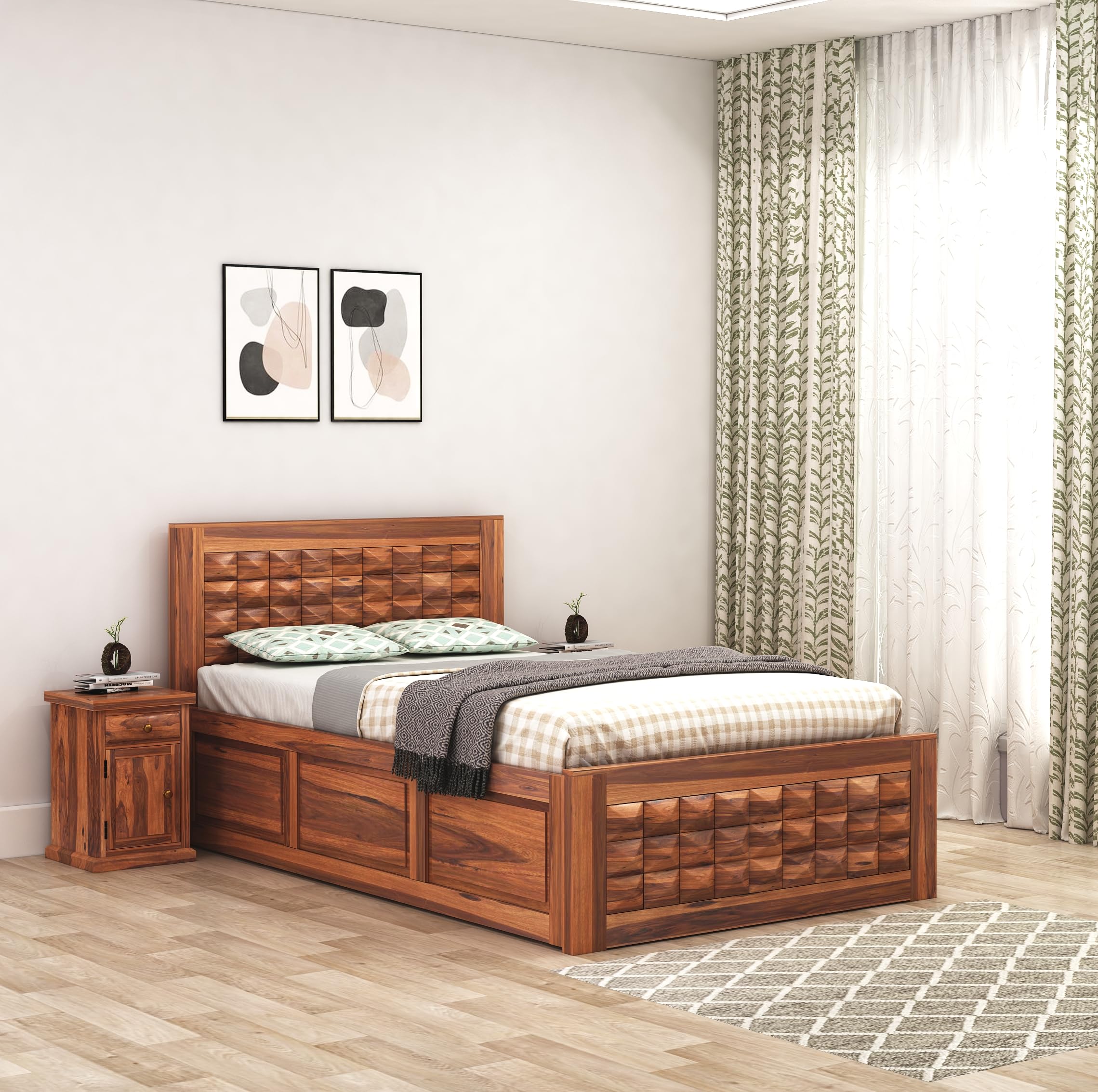 SONA ART & CRAFTS Diamond Sheesham Wood Single Bed (78x36) Without Storage Solid Wooden Bed Single Size Cot Furniture for Bedroom Home (Natural Finish)