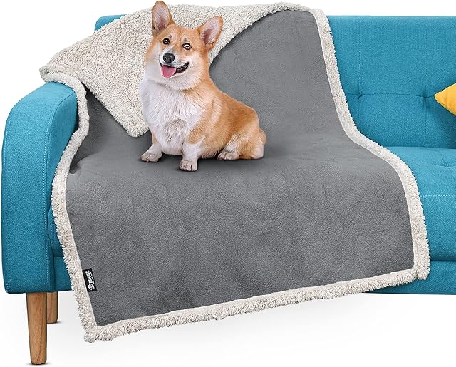 Pawsee Waterproof Dog Blanket, Pet Puppy Cat Fleece Sherpa Sofa Throw Blanket Cushion Mat for Bed Car Seat Furniture Protector Cover Medium 125 x 75 cm Grey