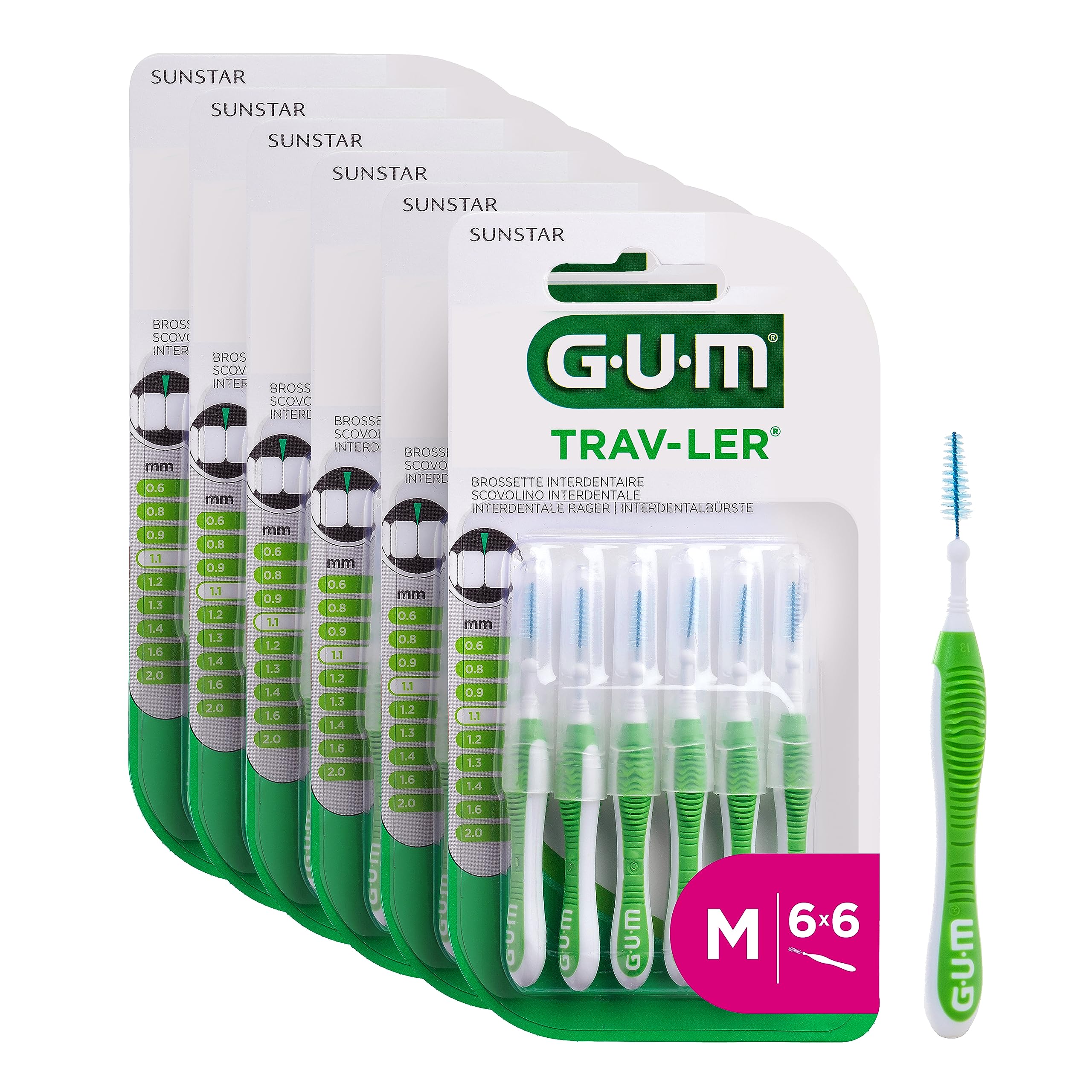 TRAV-LER Professional Interdental Brushes | Triangular Bristles with Antibacterial Protection | Coated Wire | Ergonomic Safe Handle (1.1mm; ISO 3; Green; 36 Units)