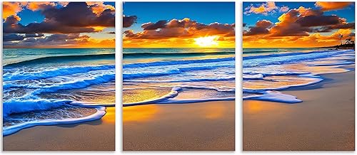 Miniatura 2 de TutuBeer 3 piezas de decoración de pared, imágenes de playa, océano, amanecer sobre la playa, imágenes impresas en lienzo, imágenes de la playa,