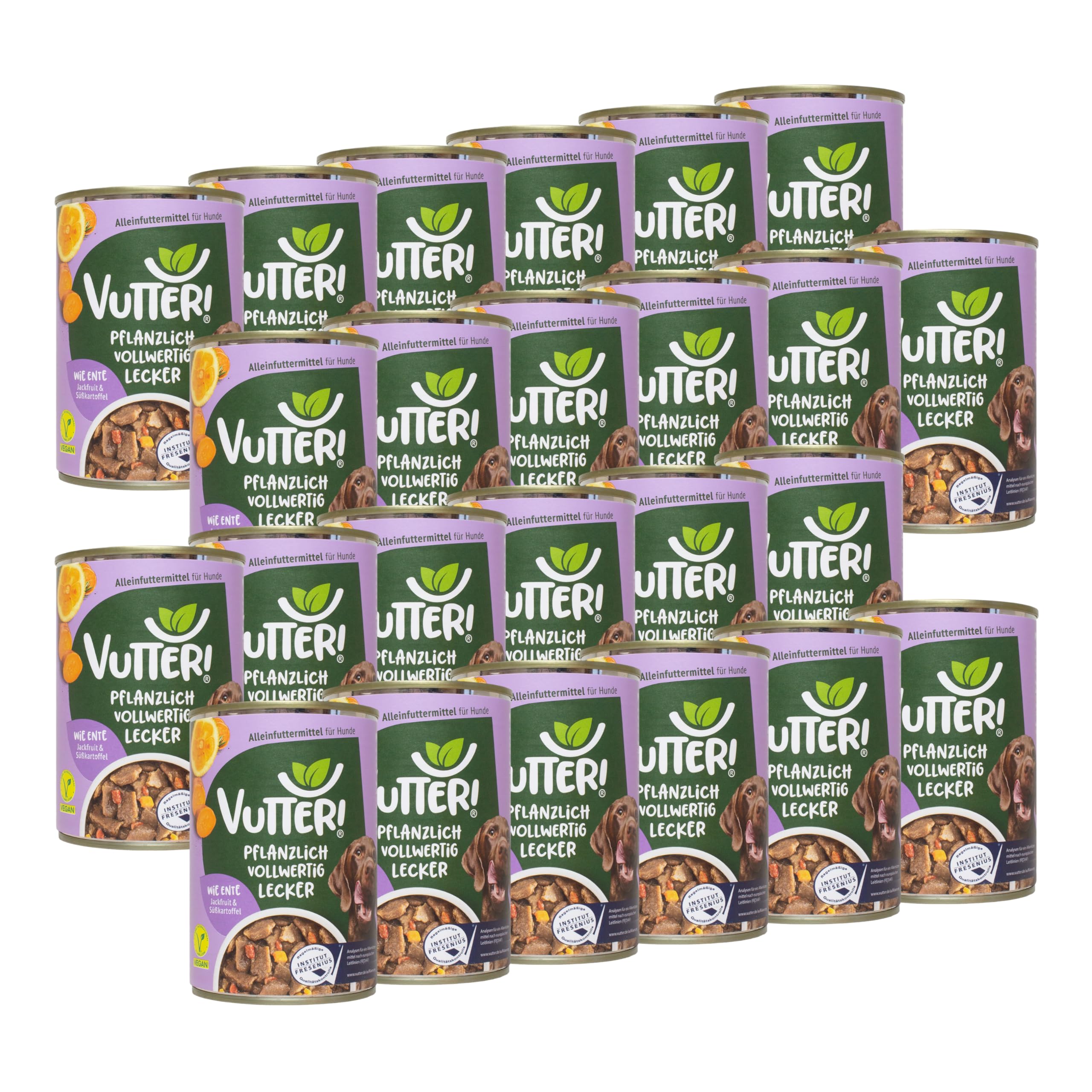 VUTTER Nassfutter Wie Ente, 24x400 g: Hundefutter Vegan - Alleinfutter für Hunde - Fleischähnlich für hohe Akzeptanz - Sojaprotein für Muskeln, Zink für Haut & Fell, Kalzium für Zähne & Knochen