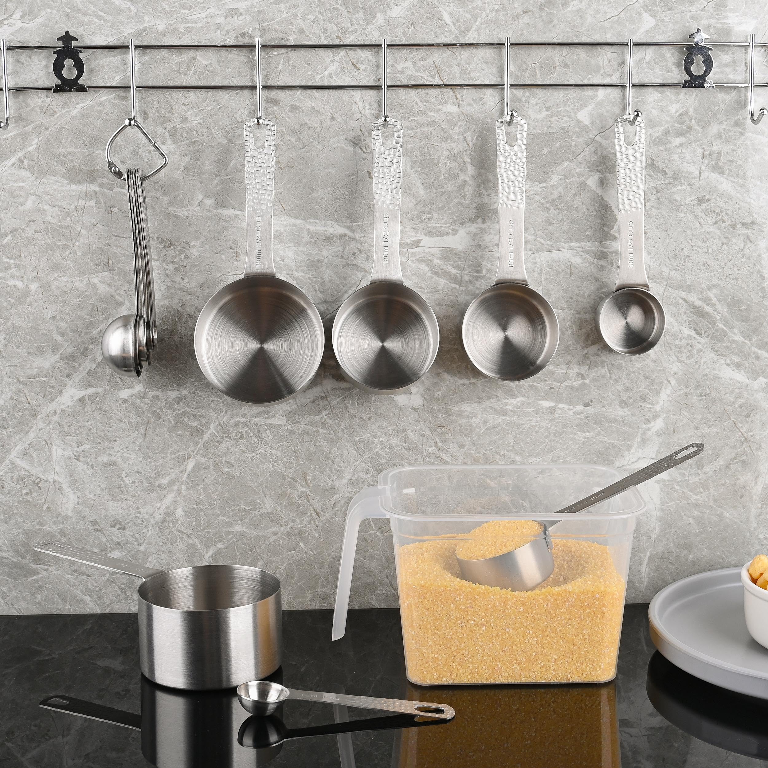Set di misurini in acciaio inox 18/8, per cucina e cottura, secchi e liquidi, 6 misurini con 1 anello, set di misurini metrici e statunitensi