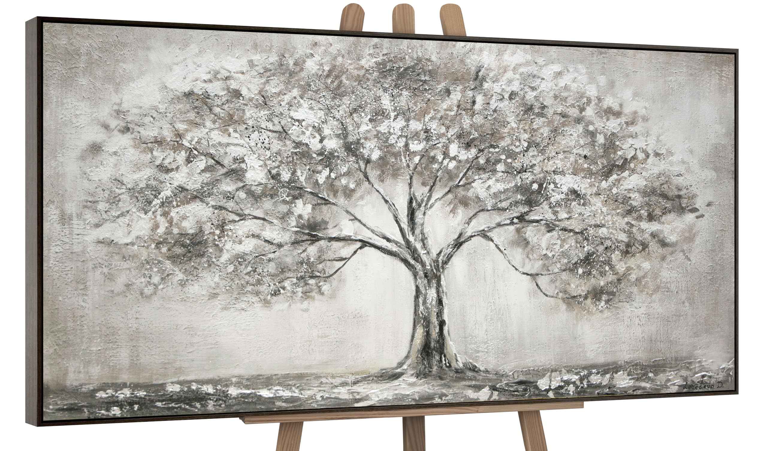 YS-Art Acryl Gemälde auf Leinwand handgemalt Lebensbaum Abstrakte Kunst Bilder Wohnzimmer Wandbilder modern mit grau Farben Grauen Farben mit Rahmen 100x50 cm