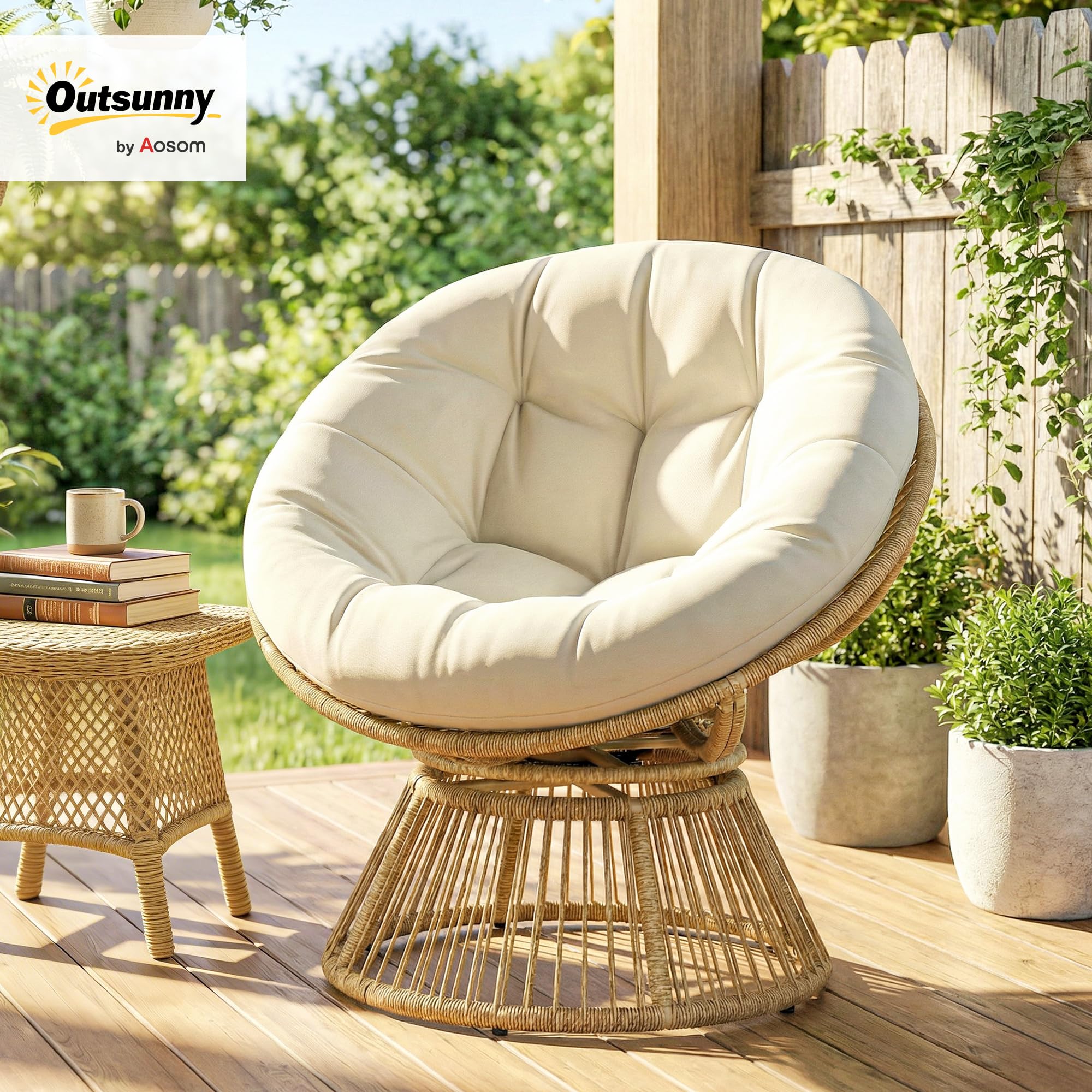 Outsunny Fauteuil Papasan Pivotant 360° avec Coussin Moelleux 12cm Fauteuil de Jardin en Polyrotin et Acier Siège Rond Relaxation pour Salon, Terrasse et Balcon Naturel