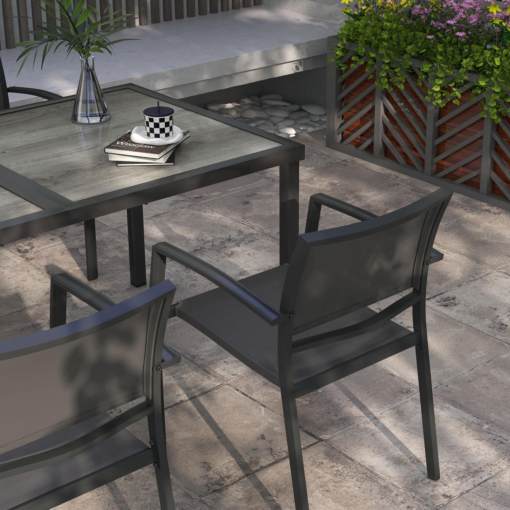 Outsunny 5 TLG. Sitzgruppe Gartenmöbel-Set, Gartengarnitur mit 1 Esstisch, 4 stapelbaren Stühlen, Sitzgarnitur, für Terrasse, Mesh, Dunkelgrau