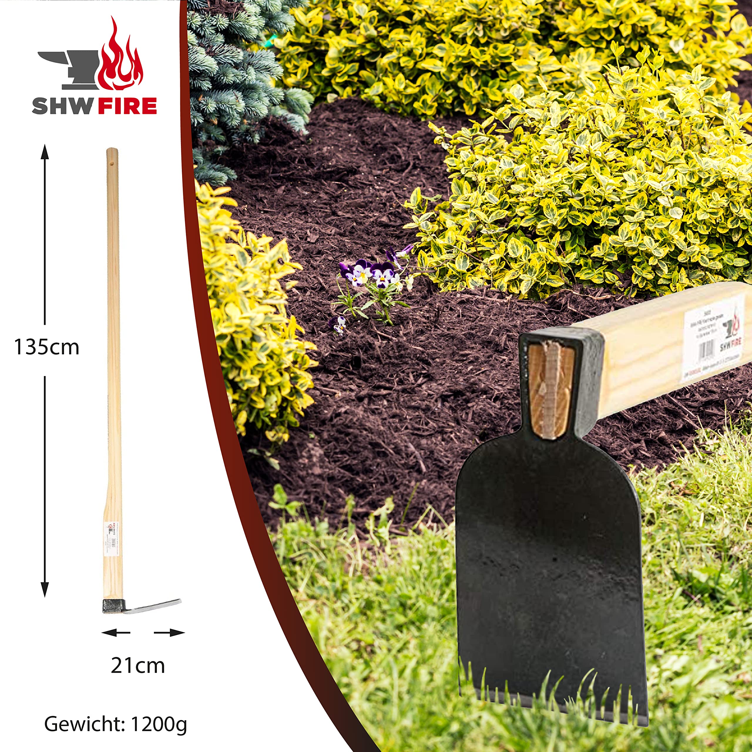 Azada de jardín profesional de acero especial y muy resistente, mango de 135 cm, para suelos blandos y duros de SHW-FIRE