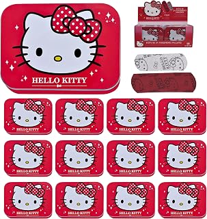 Hello Kitty 레드 아동용 석고 - 12피스 - 금속 상자 - 플라스터 24개 - 아이들을 위한 아름다운 디자인 석고 보관 상자 - 백팩에 적합 - 핸드백