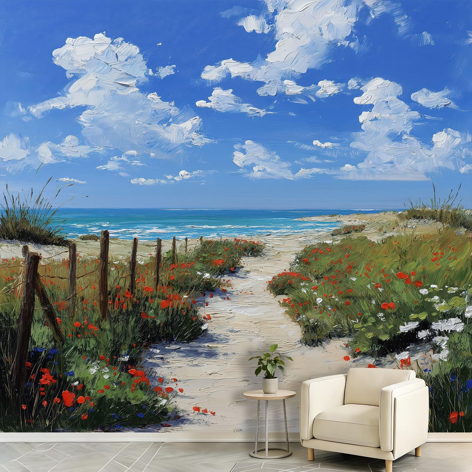 Panoramiczna tapeta z włókniny w stylu wiejskim wybrzeża, do sypialni i salonu, fototapeta malarstwo kwiaty rośliny łąka plaża niebo chmury dekoracja ścienna 200 x 140 cm