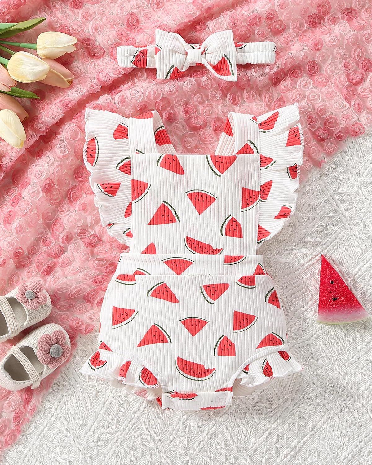 QITUDATEY Newborn Baby Girl Clothes, Cute Summer Ruffle Sleeve Romper Infant Jumpsuit Outfits with Headband 0-12 Months