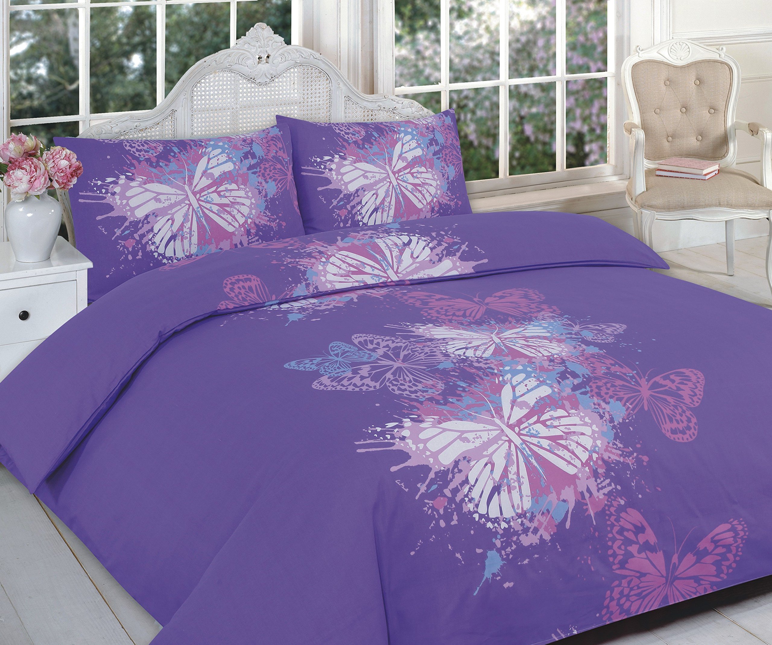 NIGHTZONE UNIQUE BUTTERFLY-PURPLE LUXURY QUILT/DUVET COVER SET WITH PILLOW CASES POLY COTTON UK SIZES NEW (SUPER KING, BUTTERFLY-PURPLE)