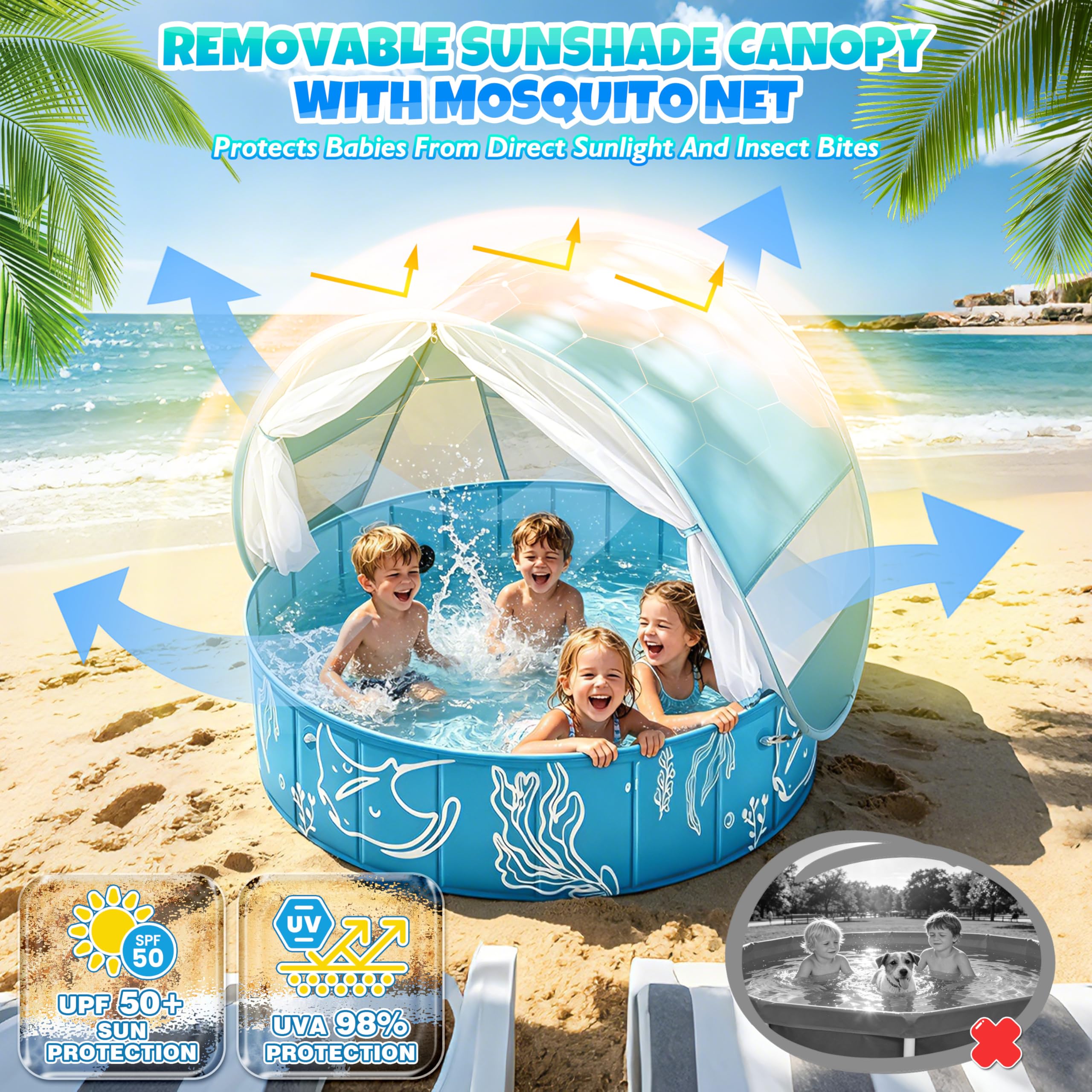 4-in-1 Pop Up Baby Planschbecken Groß, Strandmuschel Baby Bällepool mit UV Schutz SPF 50+, BabyPool mit Dach, Tragbare Spielzelt Bällebad für Picknick, Garten, Strand (120 * 30)