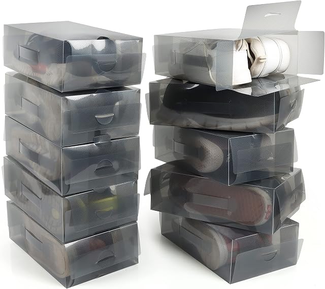 Kurtzy 10 Pack of Grey Plastic Shoe Storage Boxes - Suitable for Women's, Men's and Children's Shoes - Foldable, Corrugated and Stackable for Storage and Travel