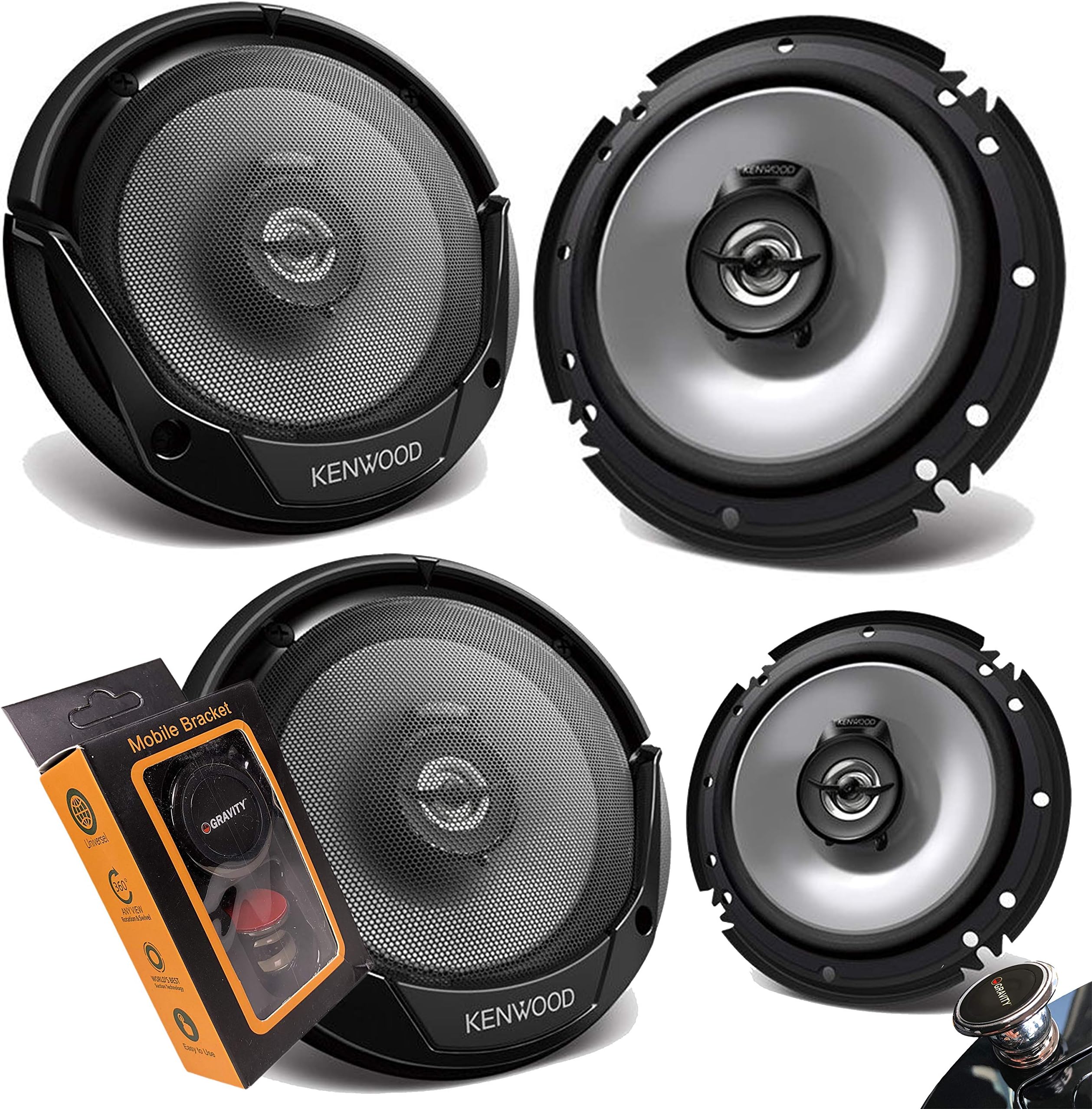 2 Pairs of Kenwood KFC-1666S 600W Max (60W RMS) 6.5" KFC 2-Way Coaxial Car Speakers (4 Speakers) with Gravity Magnet Phone Holder Bundle